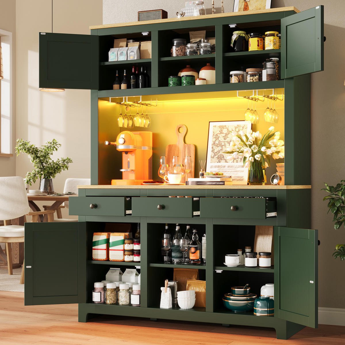 BUFFETSCHRANK Rattanoptik Antikgrün 120/40/180 cm - Salbeigrün, Holz (120/180/40cm) - PANGIVO