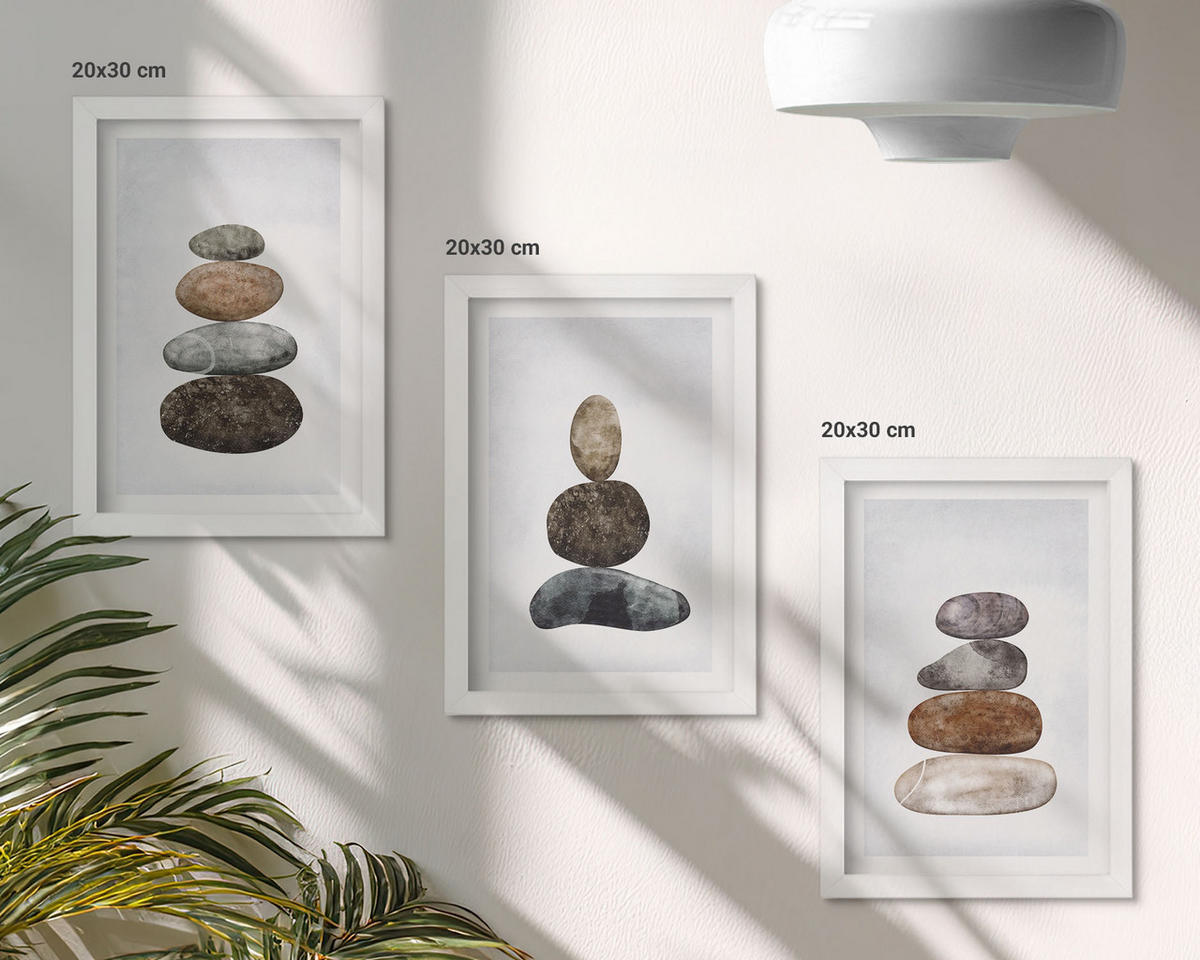 WANDBILDER 3er-Set - 20x30 cm Weißer Rahmen - Minimalistische Boho-Steine - Weiß, Kunststoff (20/30cm) - ArtPrintCave