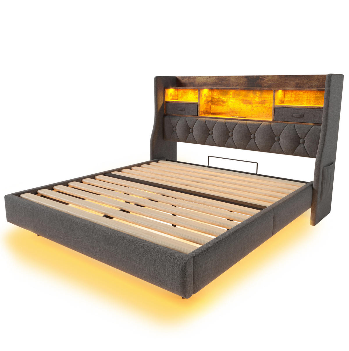 POLSTERBETT 140/190 cm mit LED-Beleuchtung, USB- und Type-C-Anschluss, Stauraum-Kopfteil aus Leinen, Grau - Grau, Textil (140/190cm) - Redom