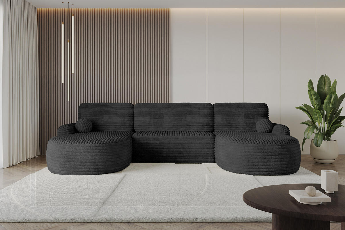WOHNLANDSCHAFT mit Schlaffunktion und Bettkasten LIRA-U - 335x172x89 Schwarz - Schwarz, Holzwerkstoff/Textil (335/89/172cm) - ALTDECOR