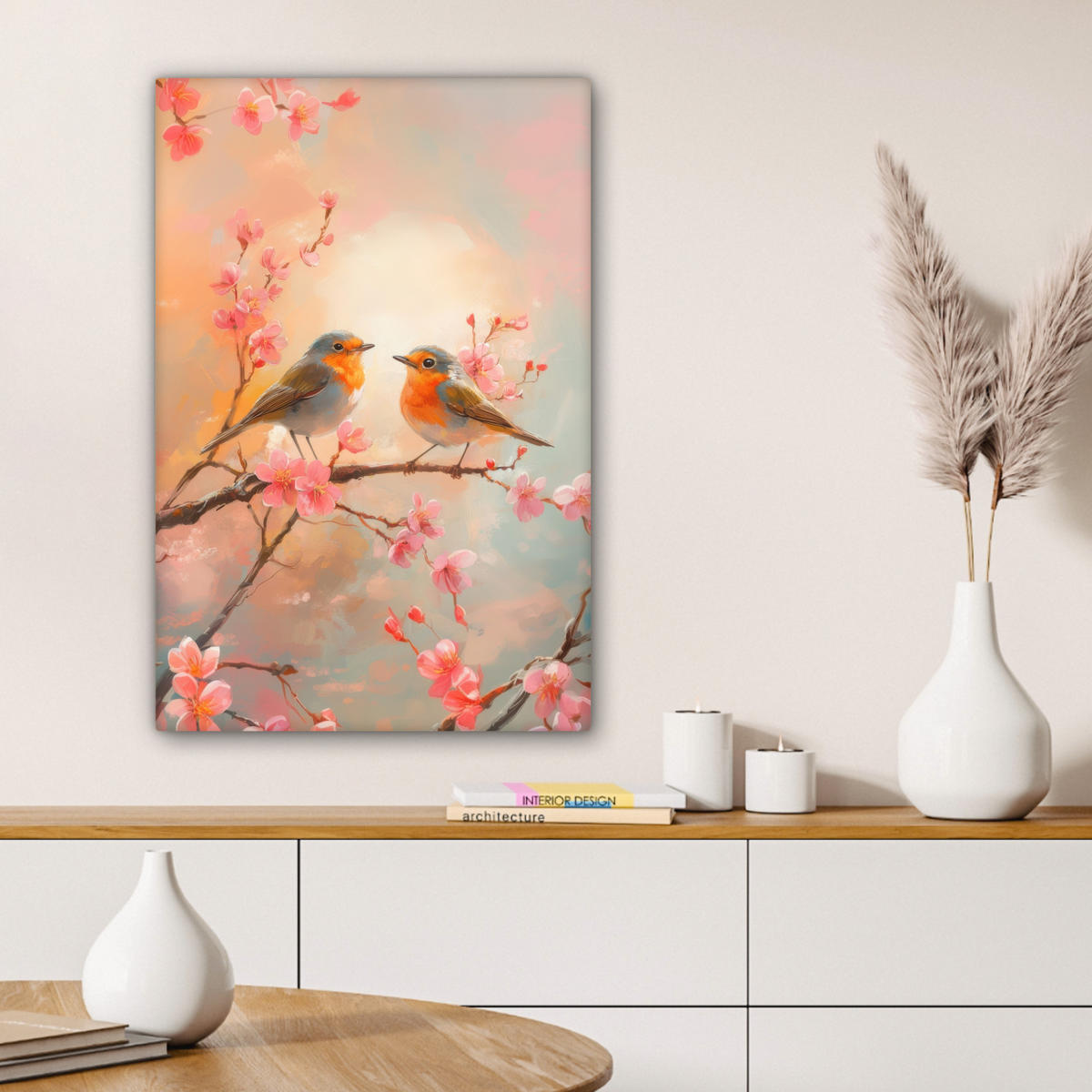 LEINWANDBILD Rotkehlchen - Zierpflanze - Blütenzweig 40x60 cm - Hellrosa, Textil (40/60cm) - MuchoWow