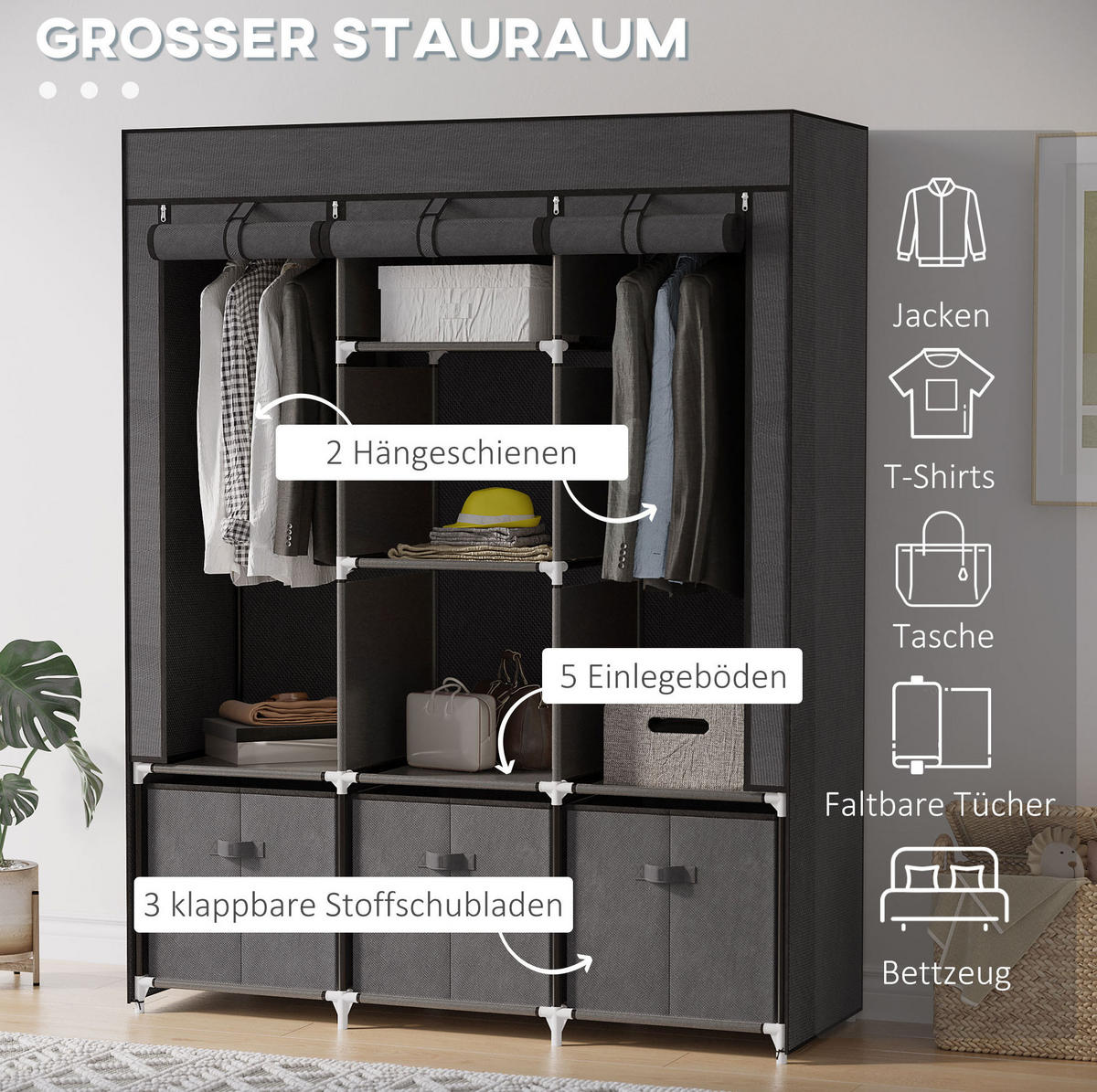 KLEIDERSCHRANK aus Stahl 125x43x162,5 cm Dunkelgrau mit Reißverschluss, 2 Kleiderstangen und 3 Stoffschubladen - Dunkelgrau, Metall (125/162.5/43cm) - Modfu