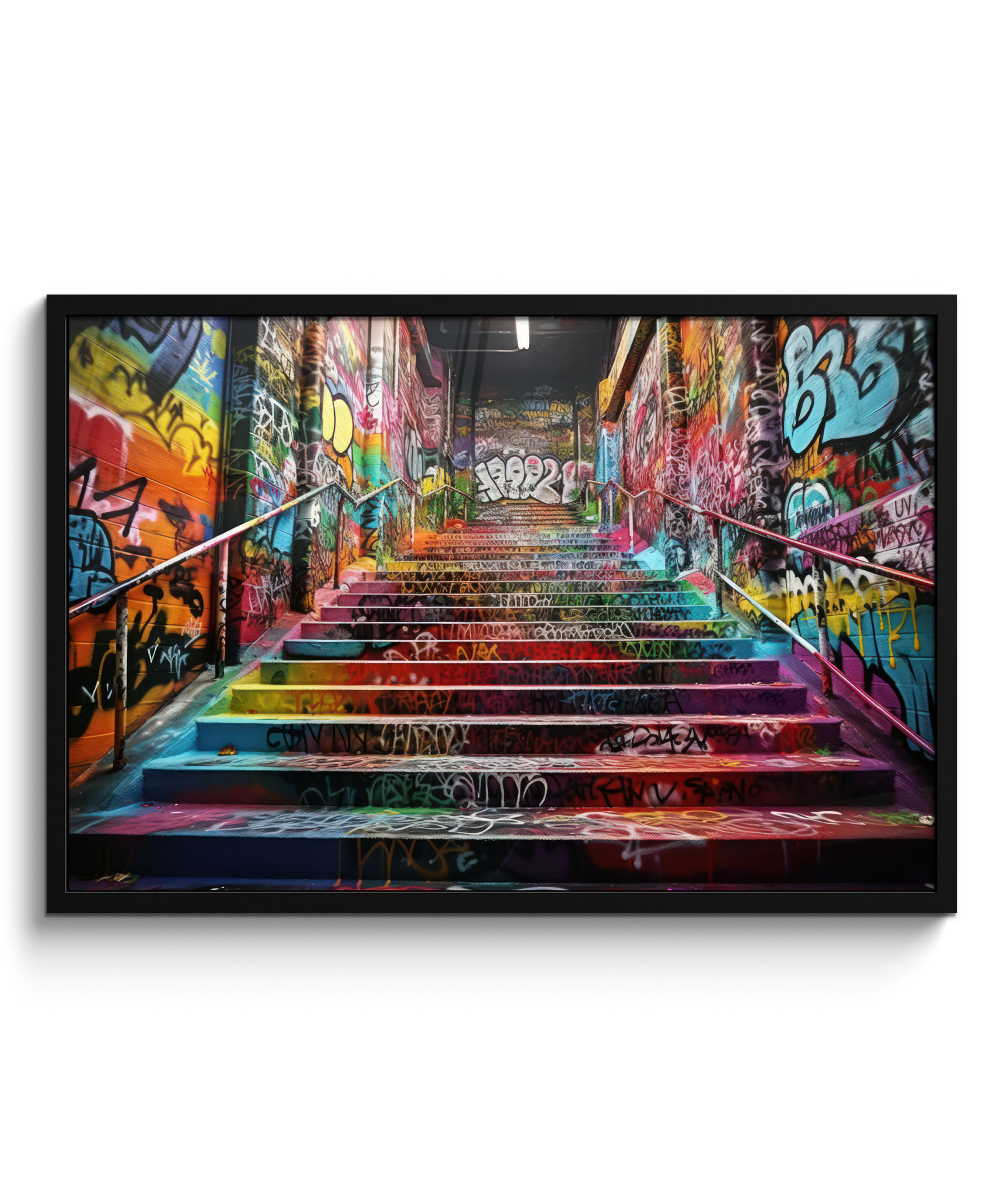 POSTER MIT RAHMEN Treppe - Graffiti - Farben - Kunst 90x60 cm - Multicolor, Papier (90/60cm) - MuchoWow