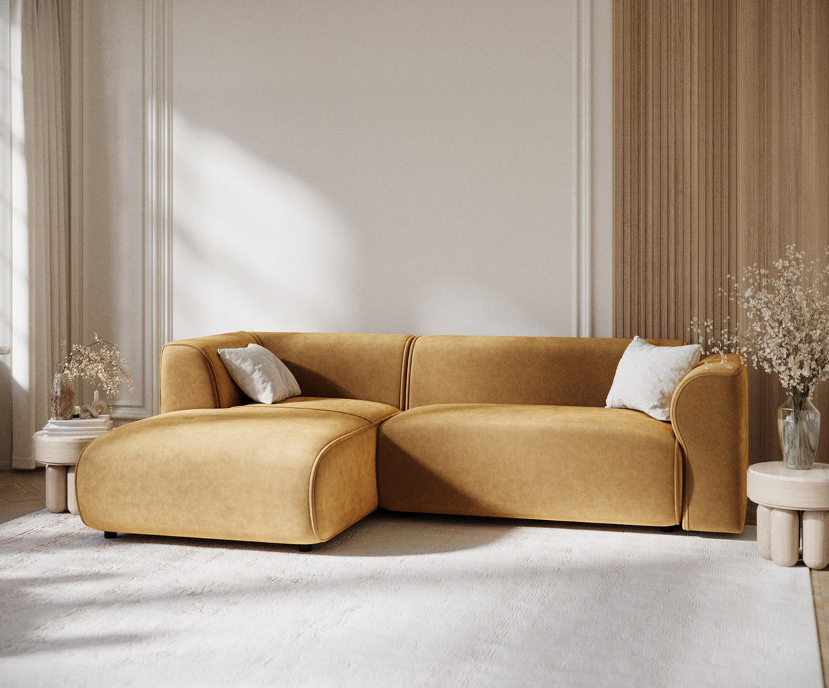 ECKSOFA Melani Honigfarbe Samtstoff - Schwarz/Honig, Holz/Holzwerkstoff (253/153cm) - Maison de Reve