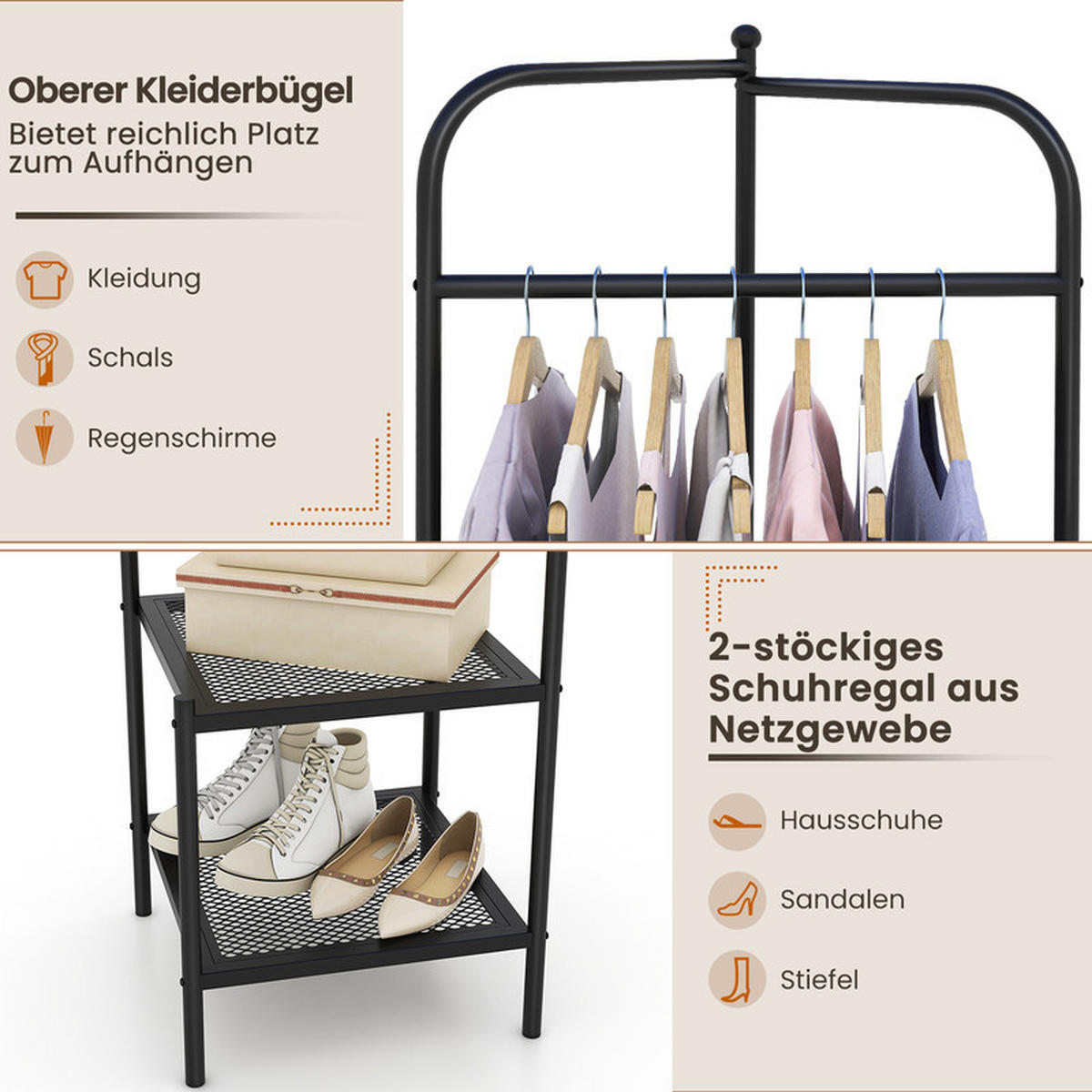 ECK-GARDEROBENSTÄNDER mit oberem Haken schwarz - Schwarz, Metall (42.5/193.5/42.5cm) - COSTWAY