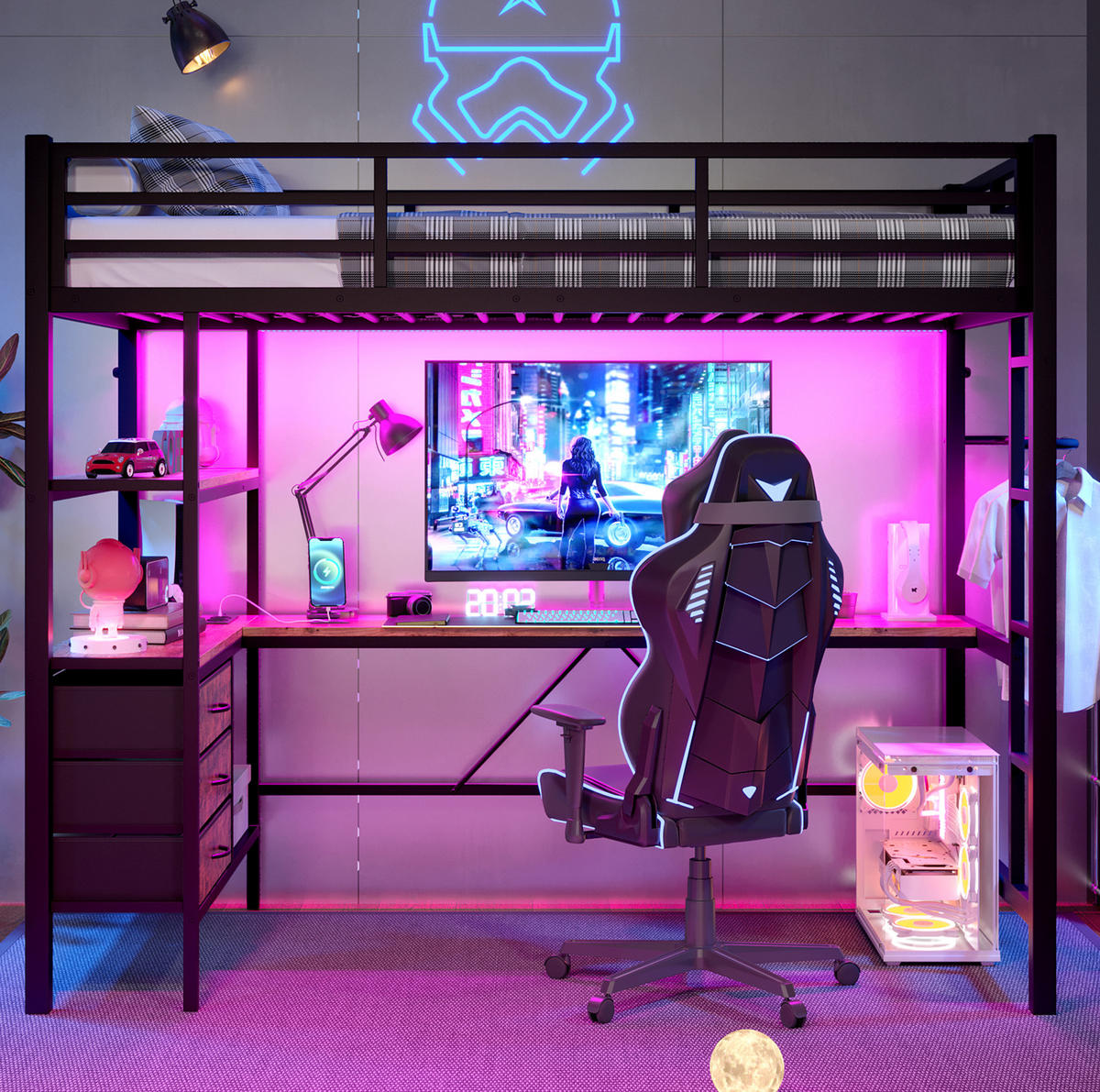 HOCHBETT 90/200 cm aus Metall/MDF mit Schreibtisch und LED-Beleuchtung Schwarz - Schwarz, Metall (90/200cm) - Modenvie