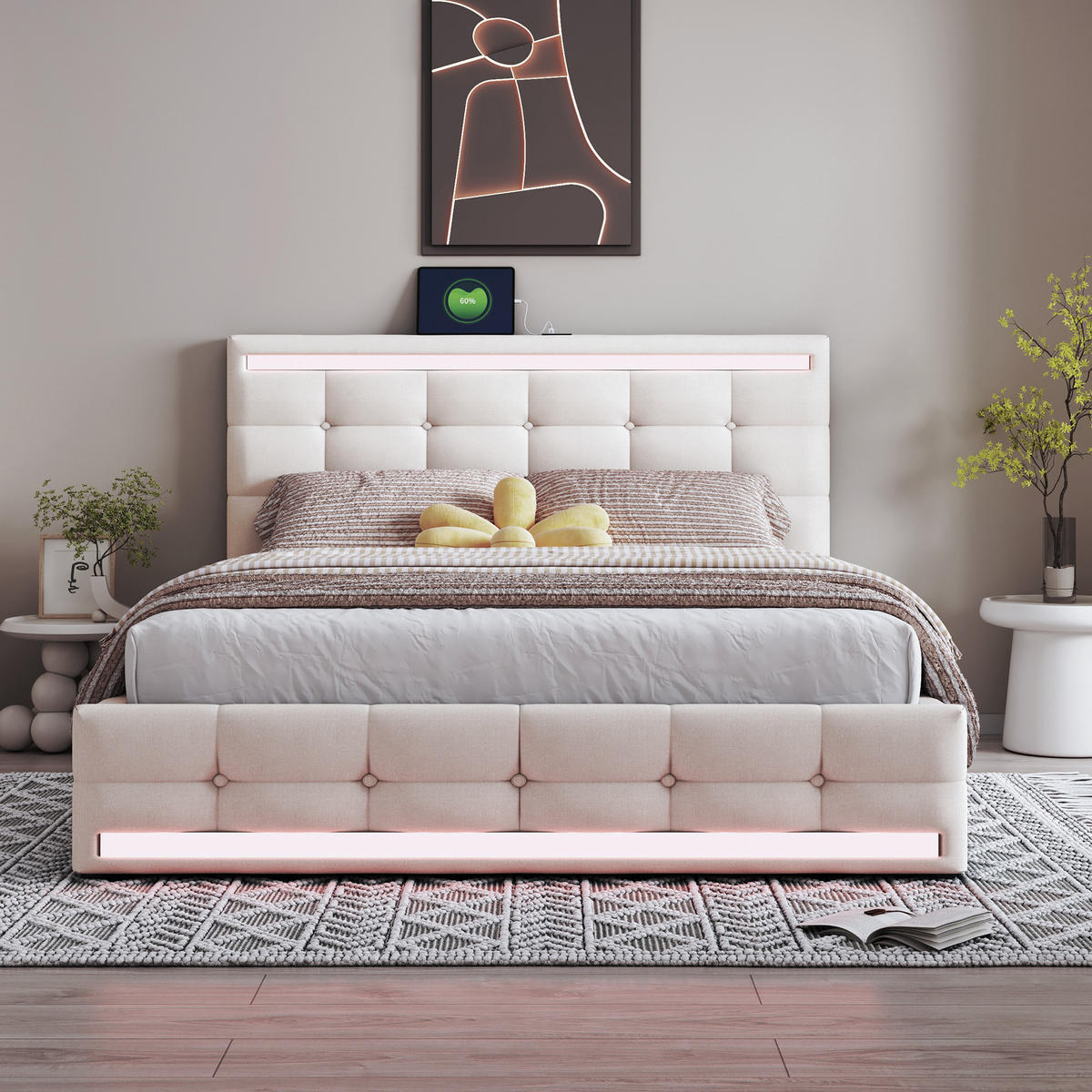 STAURAUMBETT 140/200 cm DE-01576, in Beige, mit LED-Beleuchtung, USB und hydraulischem Bettkasten - Beige, Metall (140/200cm) - ComfortXL