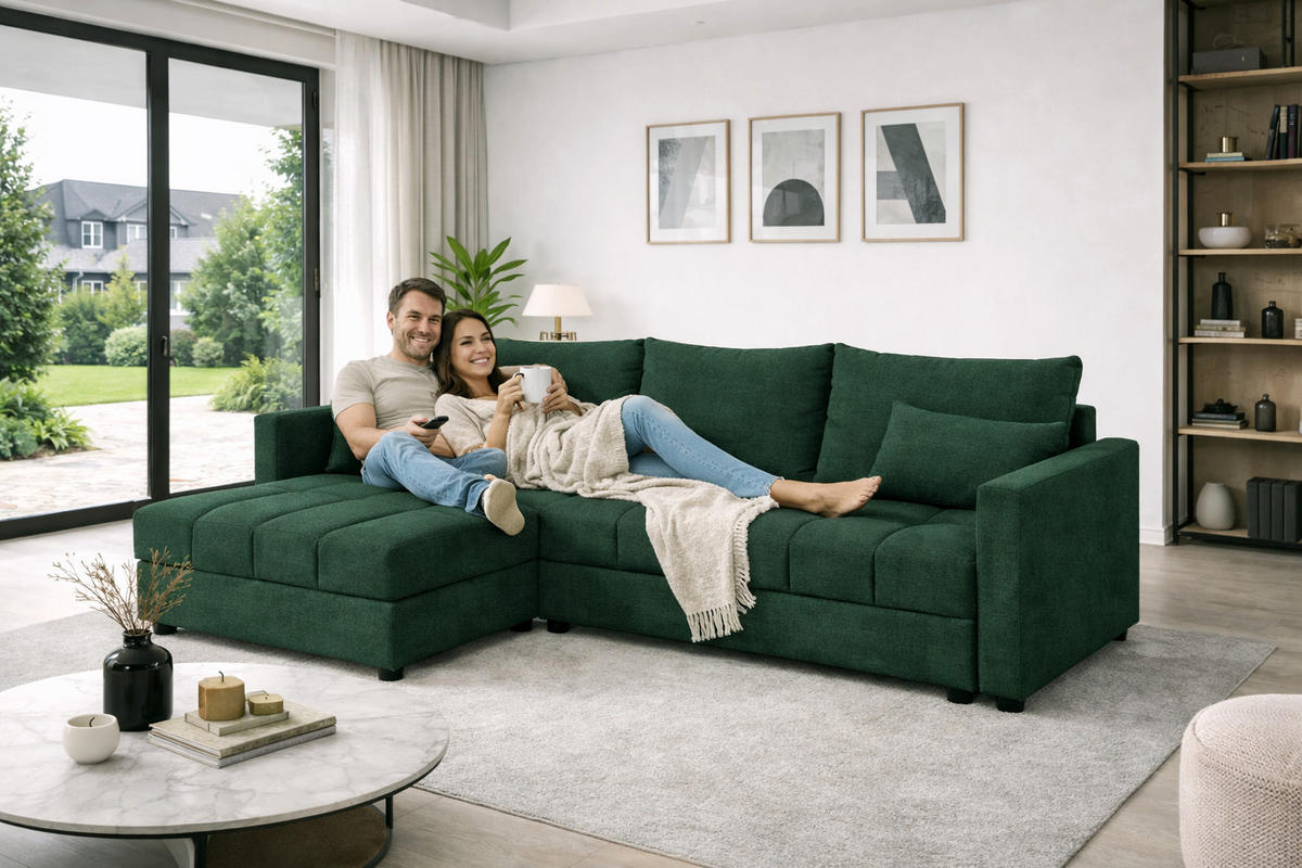 WOHNLANDSCHAFT AURELIA– Ecksofa in L-Form mit Schlaffunktion Bettkasten & Kissen Stoff KRONOS 226 cm Grün - Dunkelgrün, Kunststoff (226/140cm) - Wohnideebilder
