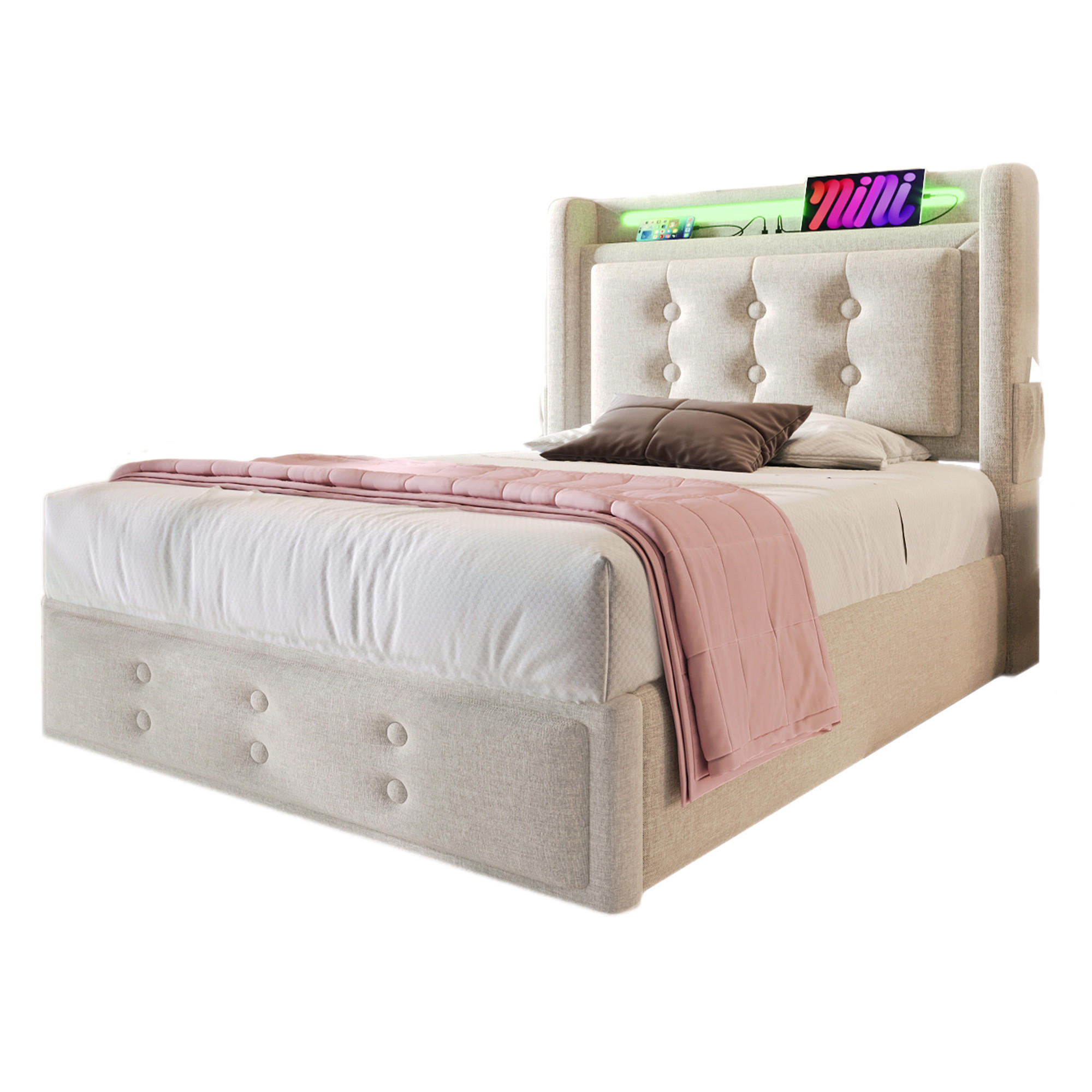 POLSTERBETT aus Baumwoll-Leinen 90x200 cm in Beige mit LED & USB-C - Beige, Textil (90/200cm) - Modfu