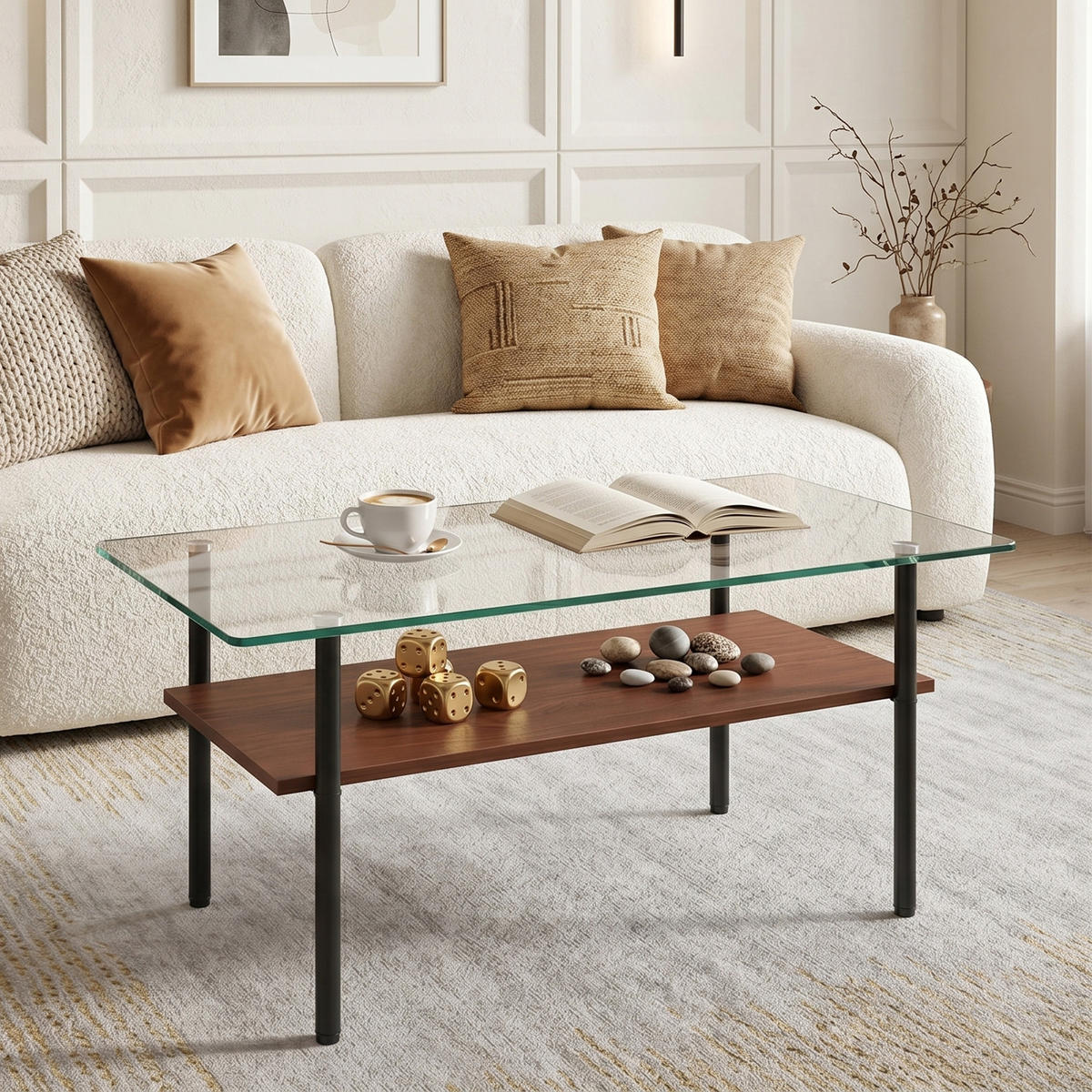 COUCHTISCH DE-37418 rechteckig mit Glasplatte und MDF-Ablage Braun - Schwarz/Braun, Metall (97.7/57.7/45cm) - ComfortXL