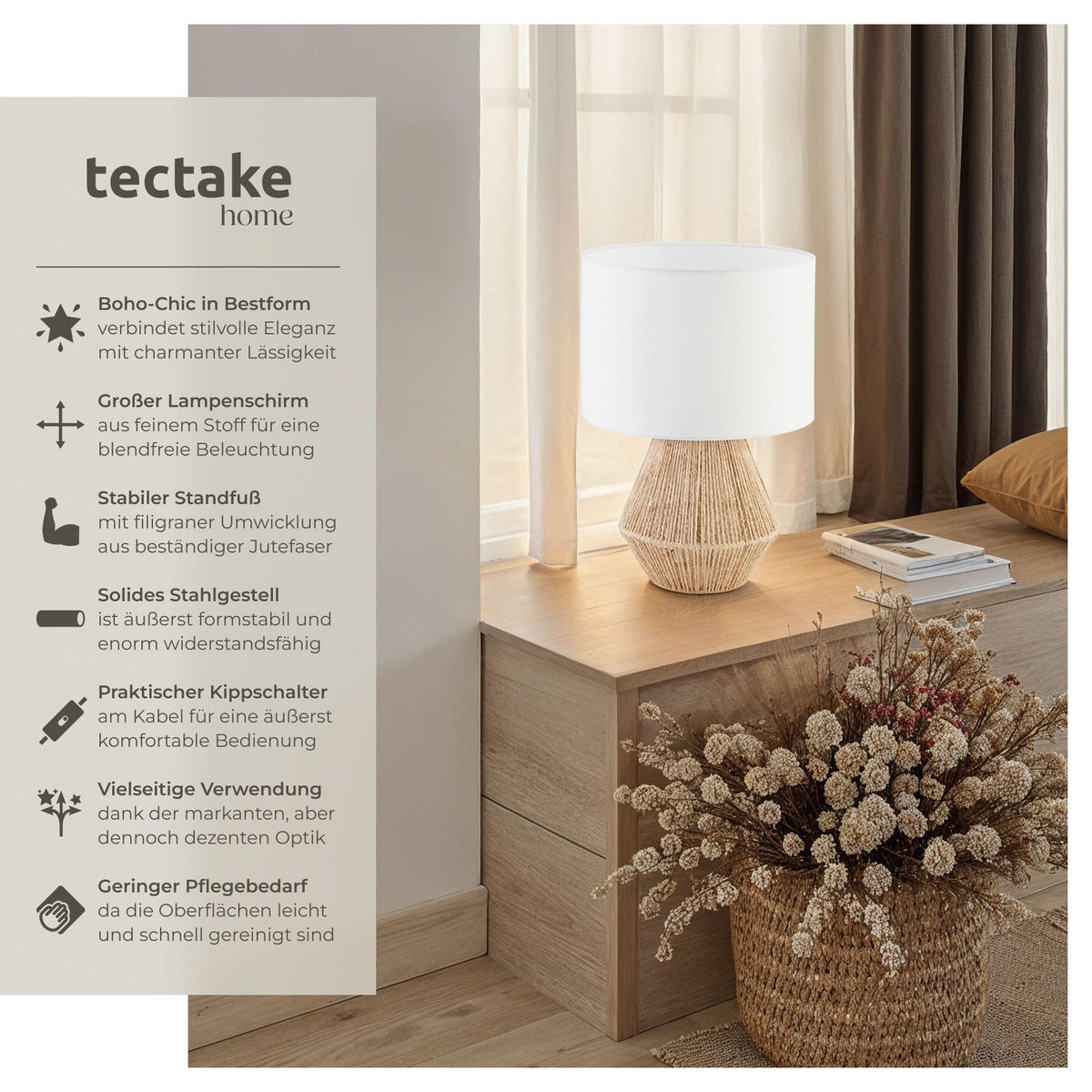 TISCHLEUCHTE Lignea Lux aus Jute, 32 x 45 cm, natur - Naturfarben, Metall (32/32/45cm) - tectake