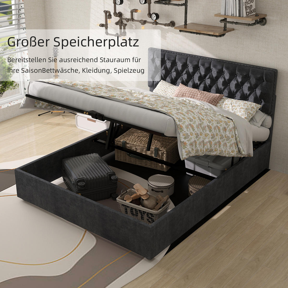 POLSTERBETT 140/200 cm in Grau Samt mit Stauraum - Grau, Holzwerkstoff/Textil (140/200cm) - WISHDOR