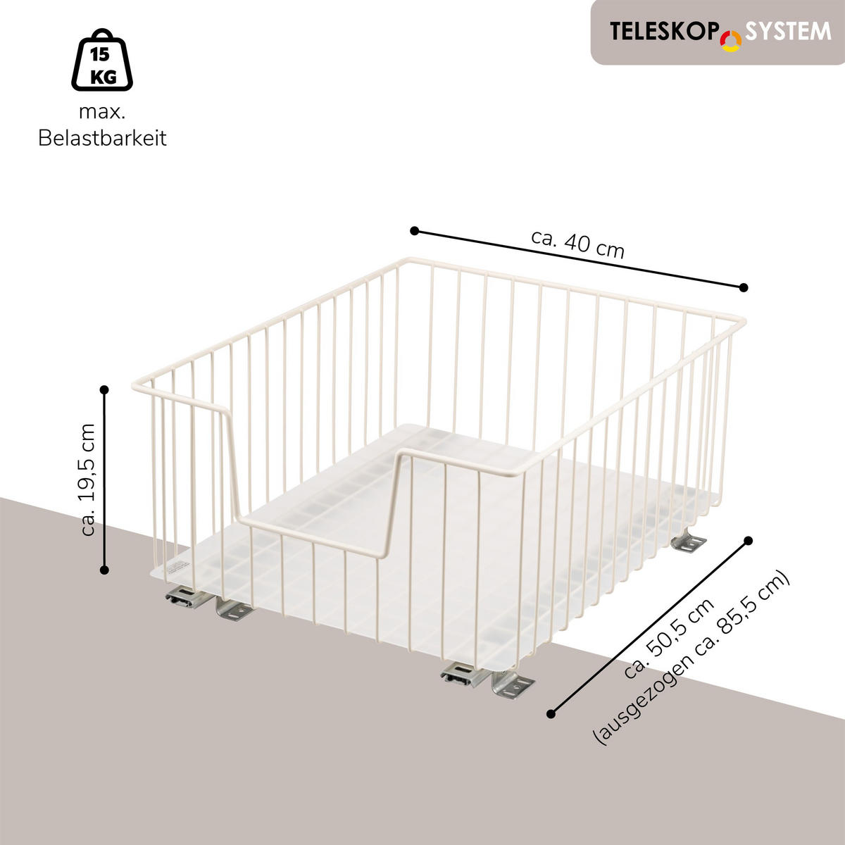 SCHRANK-KORBAUSZUG 40 cm mit Einlegeboden, cremeweiß - Creme, Metall (40/23/50.5cm) - bremermann