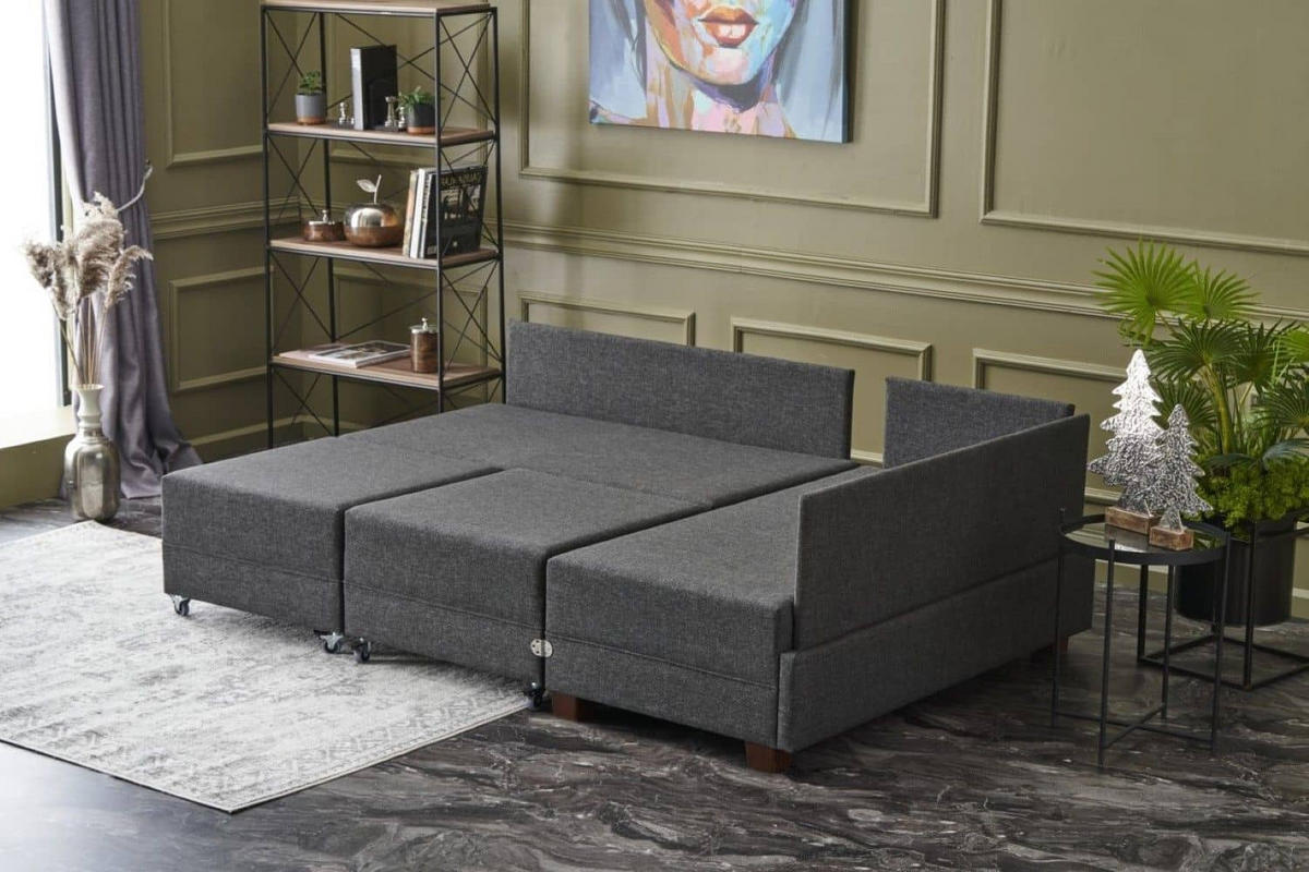 ECKSOFA mit rollbarer Schlaffunktion - Anthrazit/Walnussfarben, Holz/Textil (210/280cm) - myHomelando