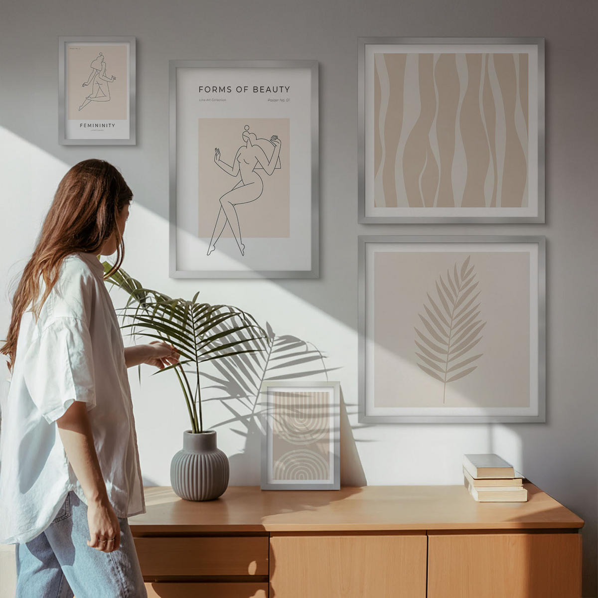 BILDER SET 5er Set - 50x50 cm & 20x30 cm & 40x60 cm Silberner Rahmen - Abstrakte Boho-Dekorationen - Silberfarben, Kunststoff (40/60cm) - TULUP