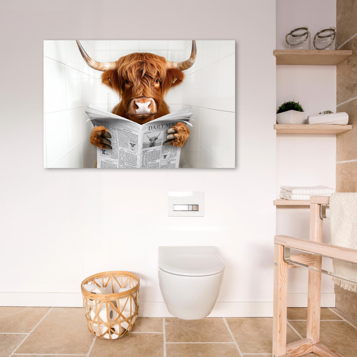 LEINWANDBILD Schottischer Highlander - Tier - Zeitung - Toilette Wohnzimmer 120x80 cm - Kastanienfarben, Textil (120/80cm) - MuchoWow