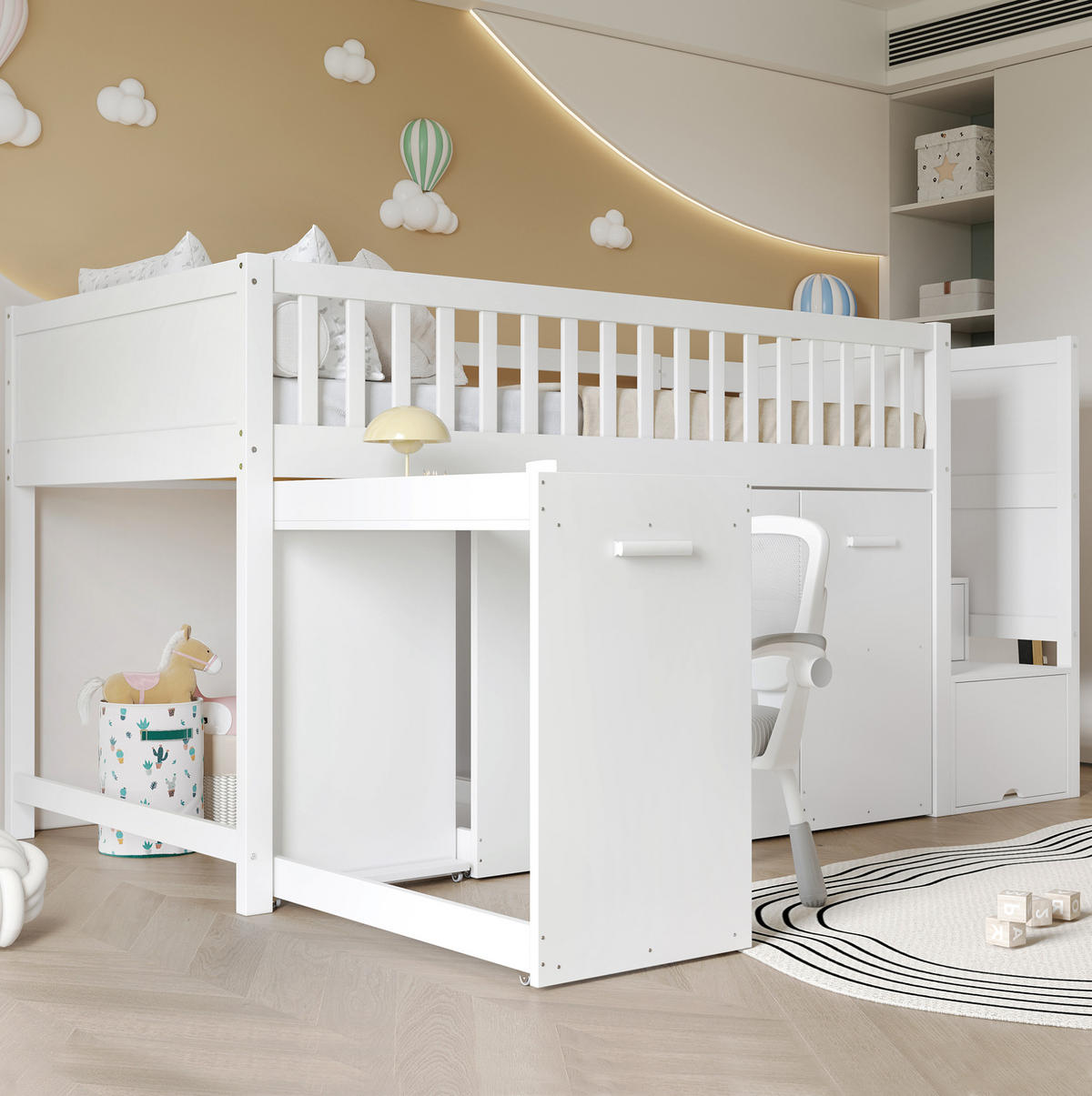 POSCHODOVÁ posteľ 90/200 cm biela z borovice a MDF s písacím stolom úložným priestorom a skriňami - biela, kompozitné drevo (90/200cm) - OKWISH