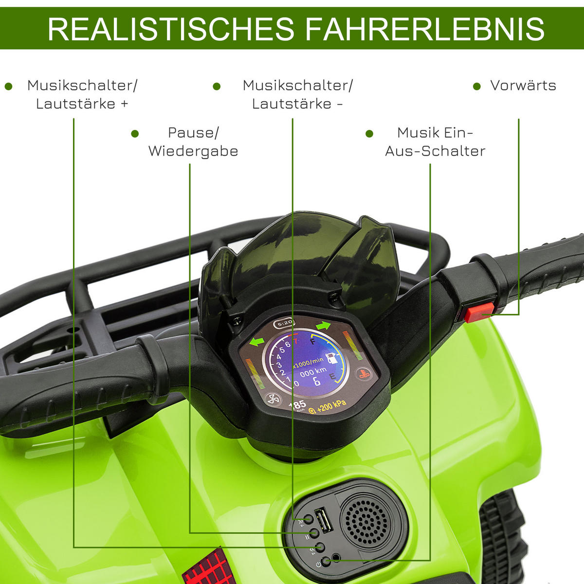 MINI ELEKTRO-QUAD KINDER, Schwarz/Grün/Rosa/Rot, Metall+ PP-Kunststoff - Grün, Metall (70/42/45cm) - HOMCOM