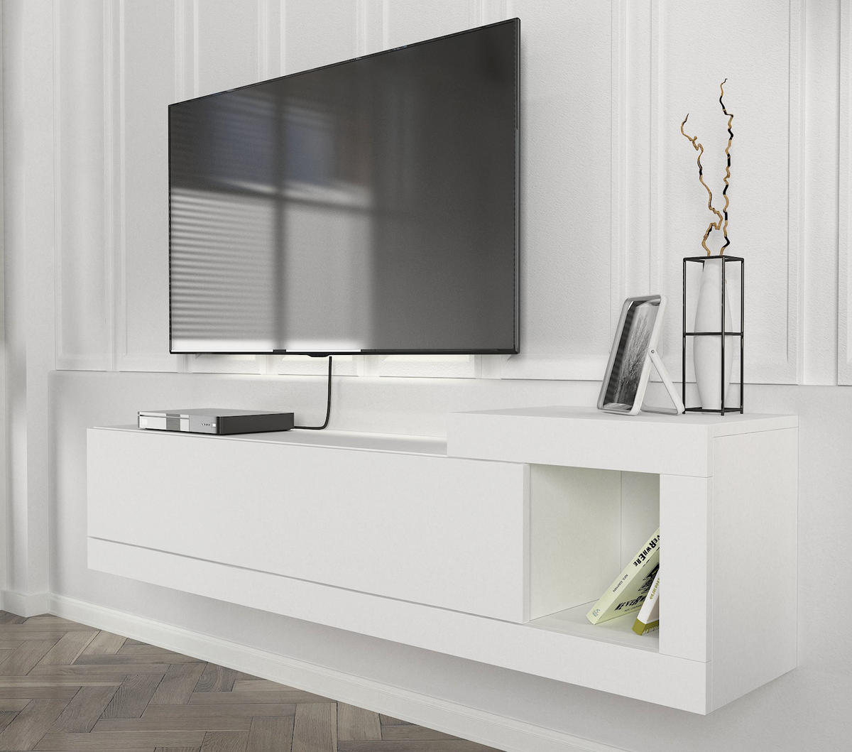 MOEBEL17 TV Lowboard 150 cm – Modernes Lowboard TV Schrank – TV Board Wohnzimmer – Fernsehtisch – TV Möbel Sideboard Modern – Modell Bliss - Weiß, Holzwerkstoff (150/37/30cm) - moebel17