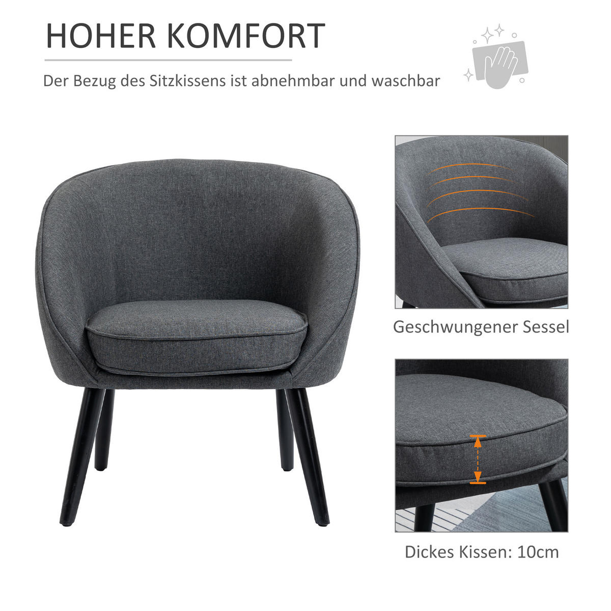 WOHNZIMMERSTUHL Polsterstuhl Sessel Wohnzimmer modern Polyester Holz Grau - Grau, Kunststoff (65/75/71cm) - HOMCOM