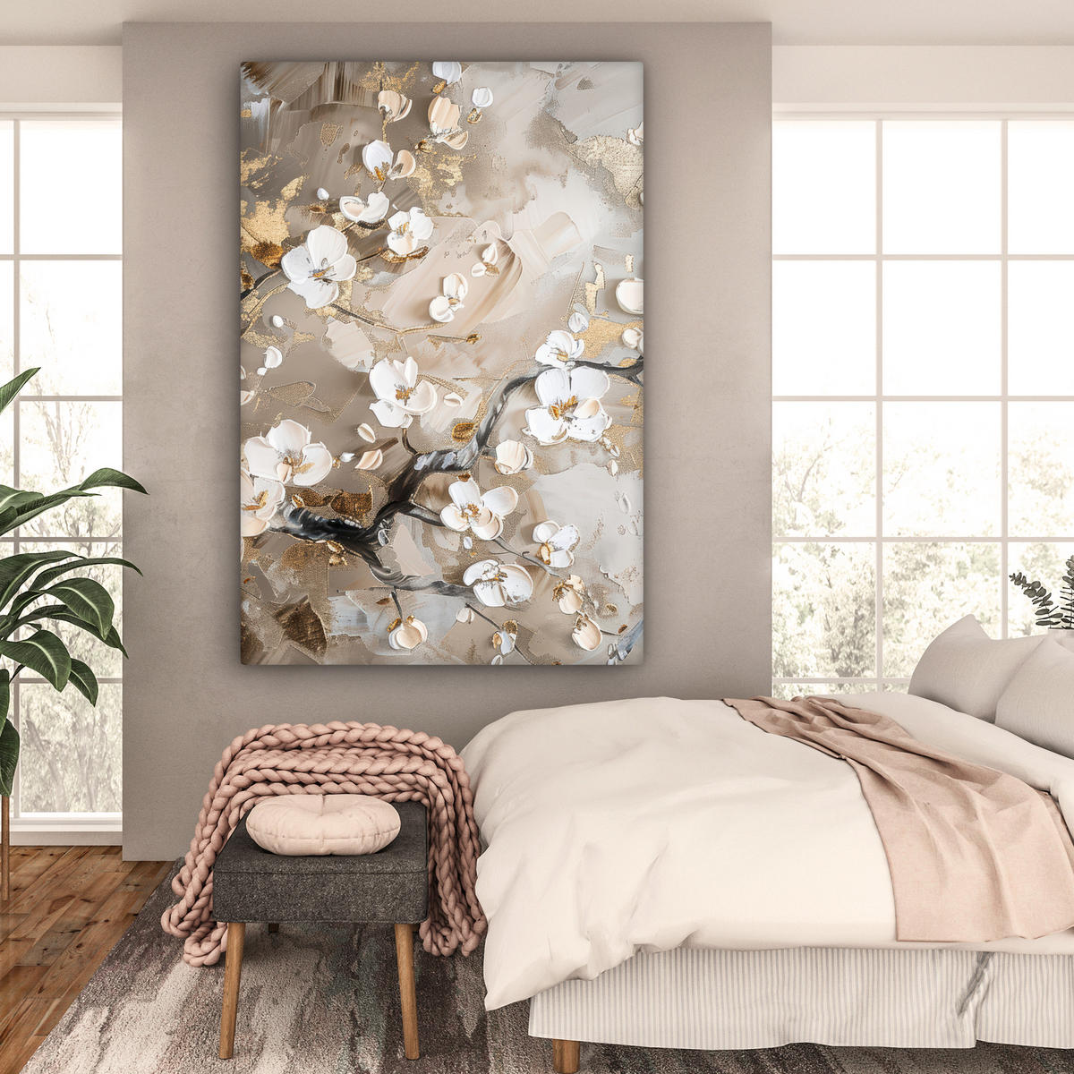 LEINWANDBILD Blumen - Weiß - Gold - Beige - Luxus Deko Groß 90x140 cm - Greige, Textil (90/140cm) - MuchoWow