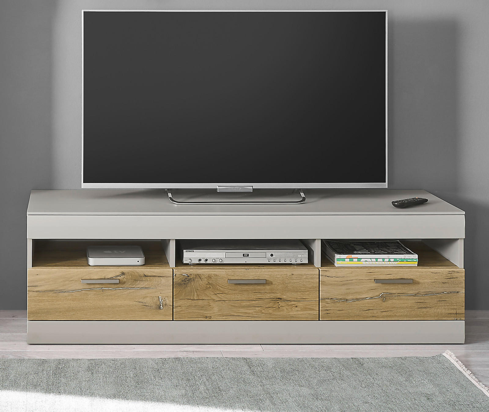 TV-LOWBOARD grau matt, Zinneiche 150 cm, TV Unterteil mit Soft-Close - Eichefarben/Silberfarben, Holzwerkstoff/Metall (150/46/45cm) - Furn.Design