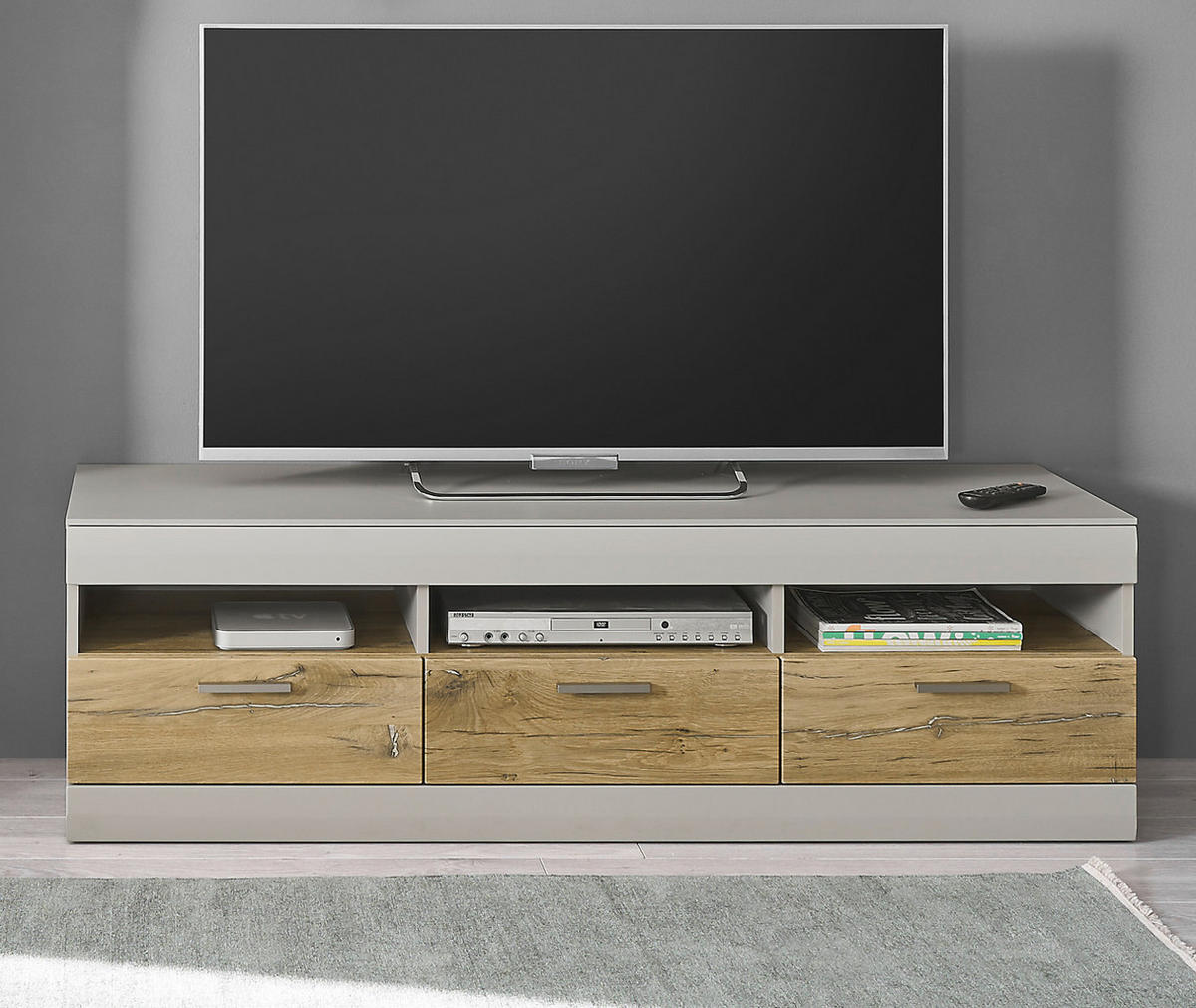 TV-LOWBOARD grau matt, Zinneiche 150 cm, TV Unterteil mit Soft-Close - Eichefarben/Silberfarben, Holzwerkstoff/Metall (150/46/45cm) - Furn.Design