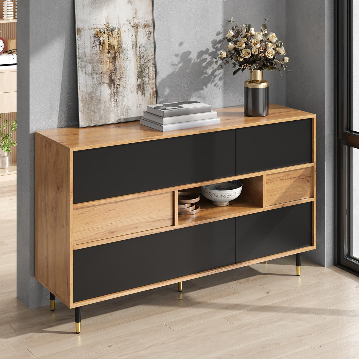 SIDEBOARD Holz Schwarz 2 Schubladen Türen Mittelfach Modern - Multicolor, Holzwerkstoff (140/84.5/40cm) - FLIEKS