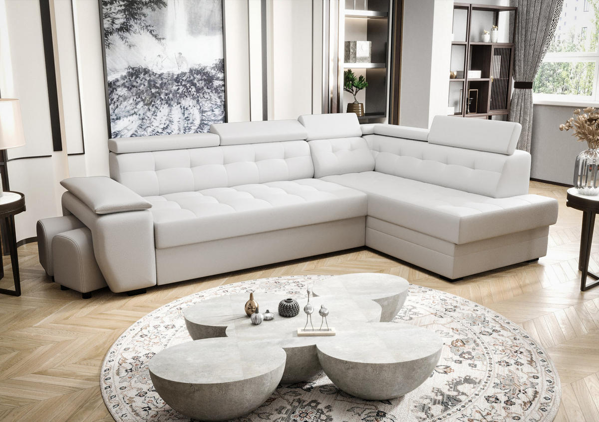 ECKSOFA KONGO RBN15, Eckcouch in L-Form mit Schlaffunktion, Farbe: Weiß, Kunstleder, Ottomane Rechts - Weiß, Textil (277/180cm) - O-Sofa