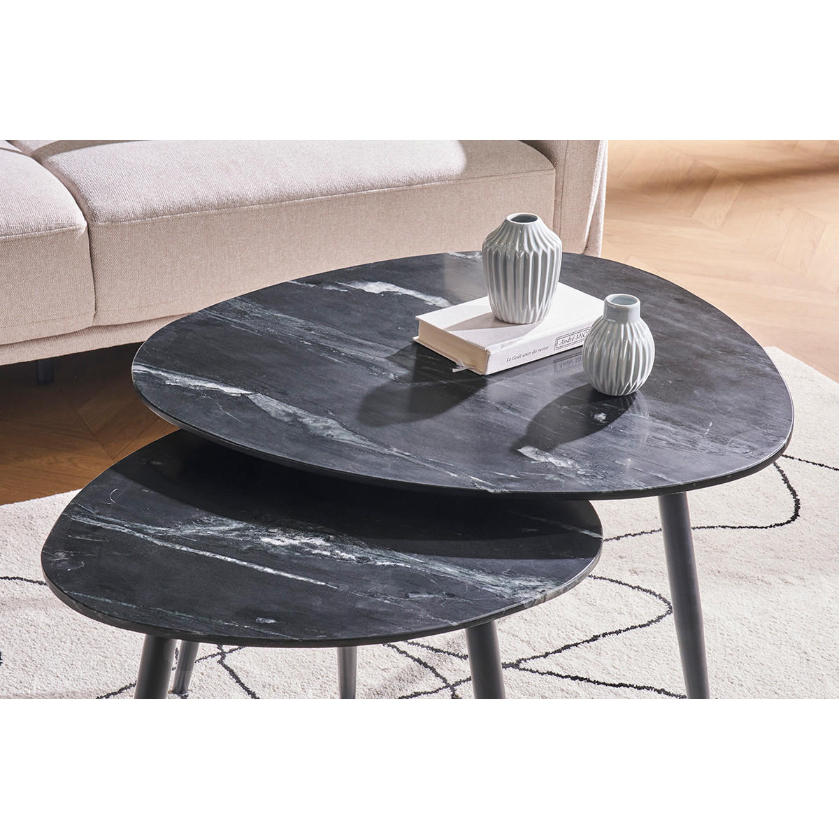 COUCHTISCHE Oval Ausziehbar Schwarzer Marmor Metall 2er-Set PLATZ - Schwarz, Stein (72/67/45cm) - Miliboo