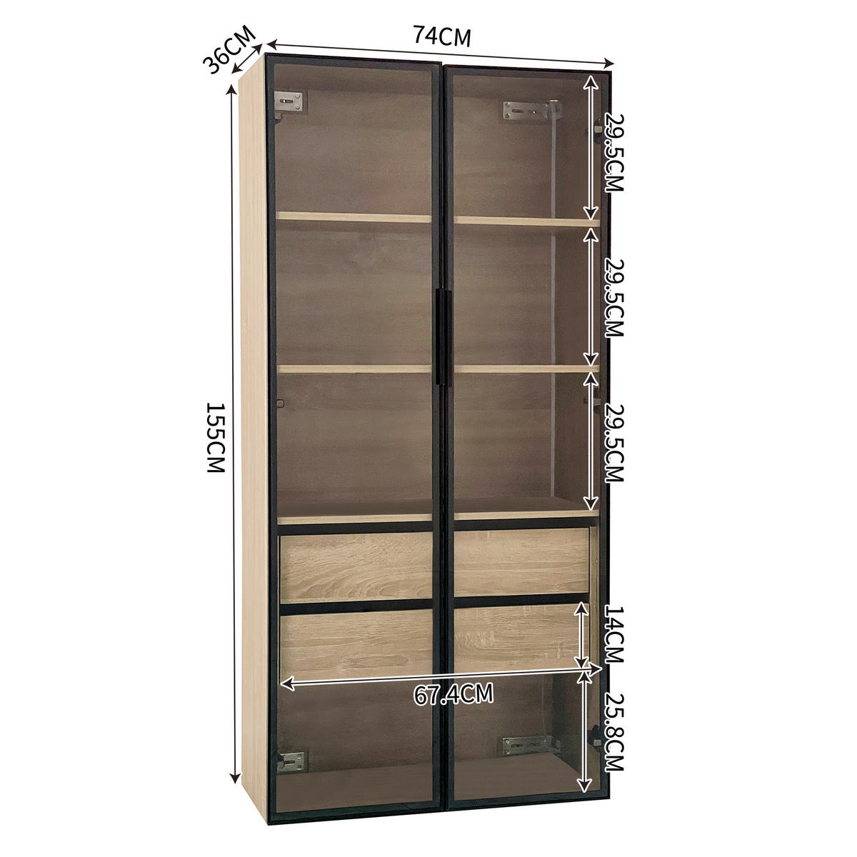 BADEZIMMERSCHRANK 74x36x155 cm Natural aus Spanplatte mit LED-Beleuchtung & Glasschranktüren - Naturfarben, Holzwerkstoff (74/155/36cm) - Modfu