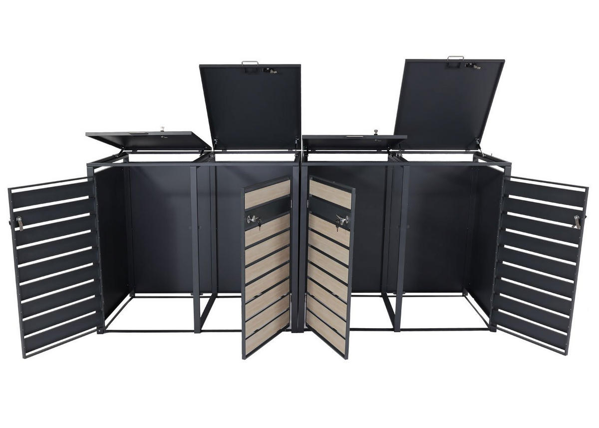 MÜLLTONNENBOX 4er/8er XL 117x284x98cm Metall 118kg Anthrazit Buche-Holzoptik Hellbraun - Hellbraun, Metall (284/117/98cm) - PROREGAL