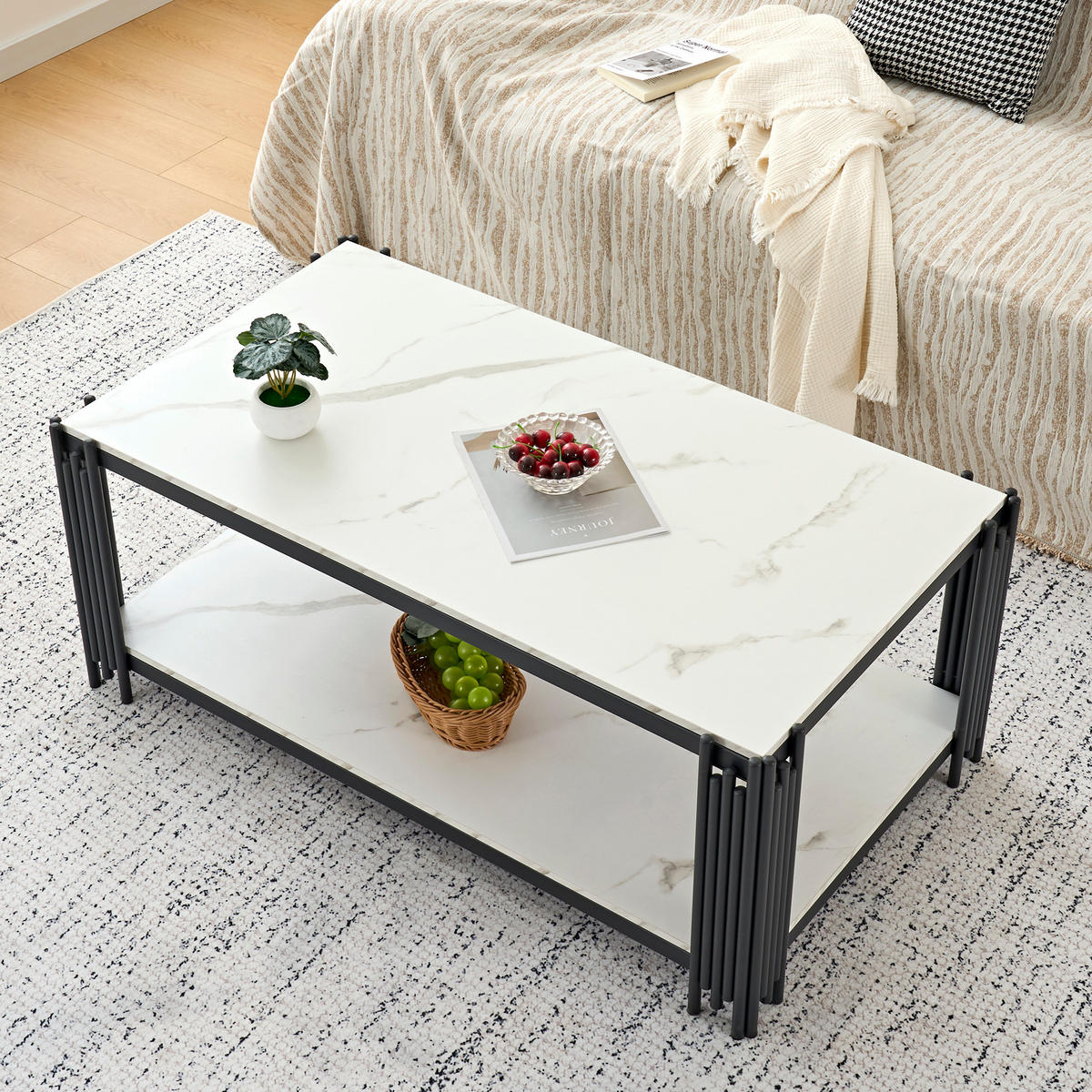 COUCHTISCH mit Marmoroptik & Metallgestell, Einheitsgröße / MDF + Metall - Schwarz/Weiß, Holzwerkstoff/Metall (114/64/46cm) - EVRYAE