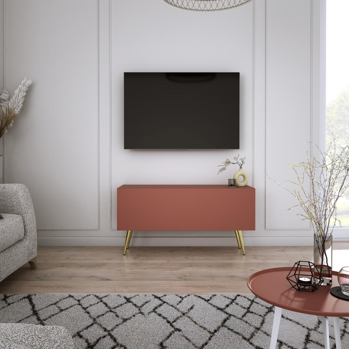 TV-SCHRANK : Ziegelrot, 100 x 52 x 32 cm, Goldene Beine - Rot/Goldfarben, Holzwerkstoff/Metall (100/52/32cm) - 3XE LIVING