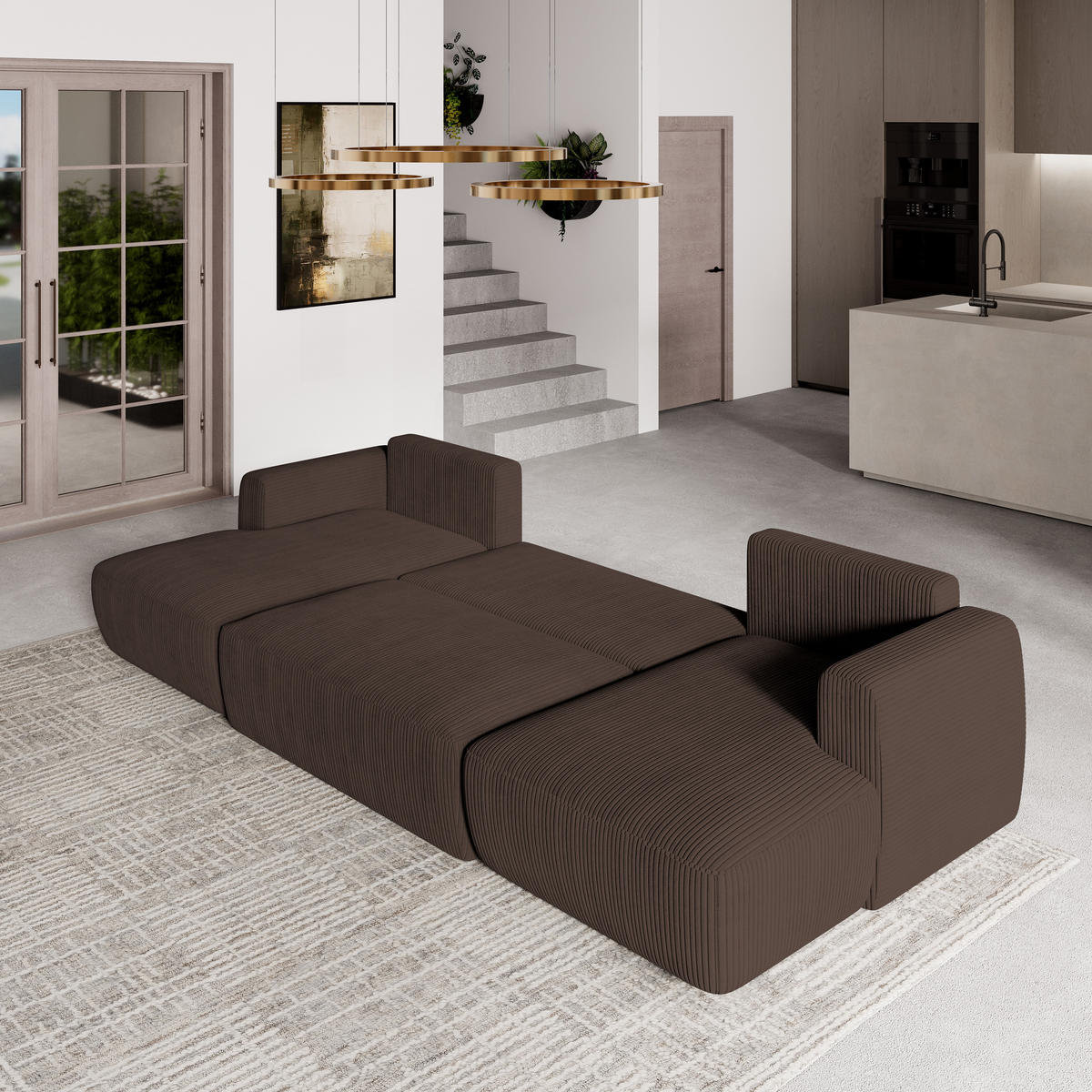 WOHNLANDSCHAFT SENTUM P Braun Kordstoff mit Schlaffunktion - Braun, Holz (330/90/148cm) - MASSENO