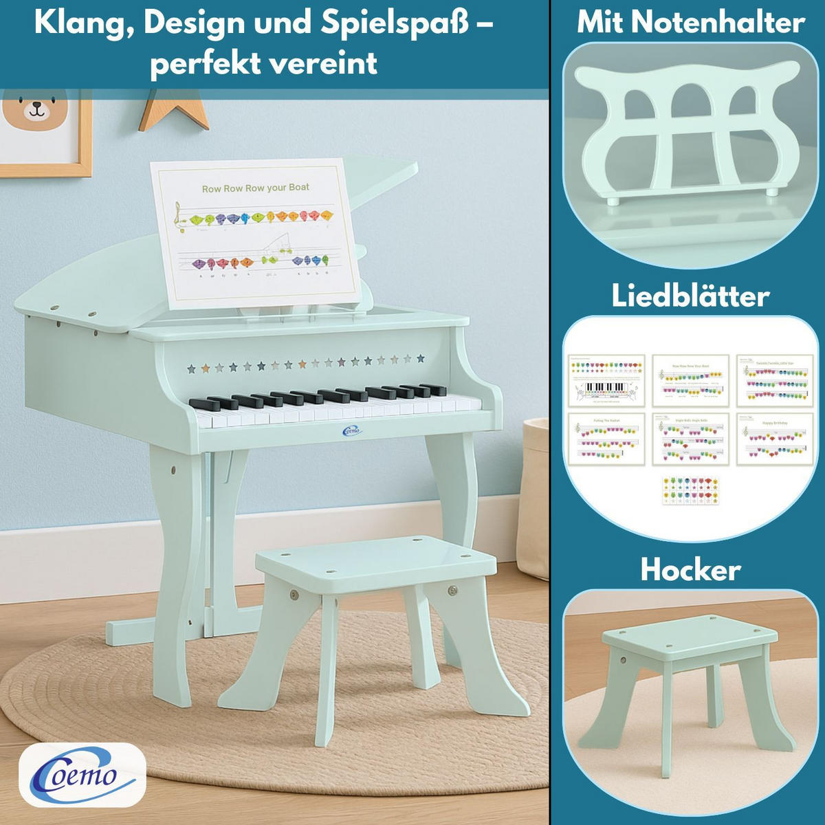 KINDERFLÜGEL mit Hocker Farbe Mintgrün - Grün, Holzwerkstoff (52/50cm) - Coemo