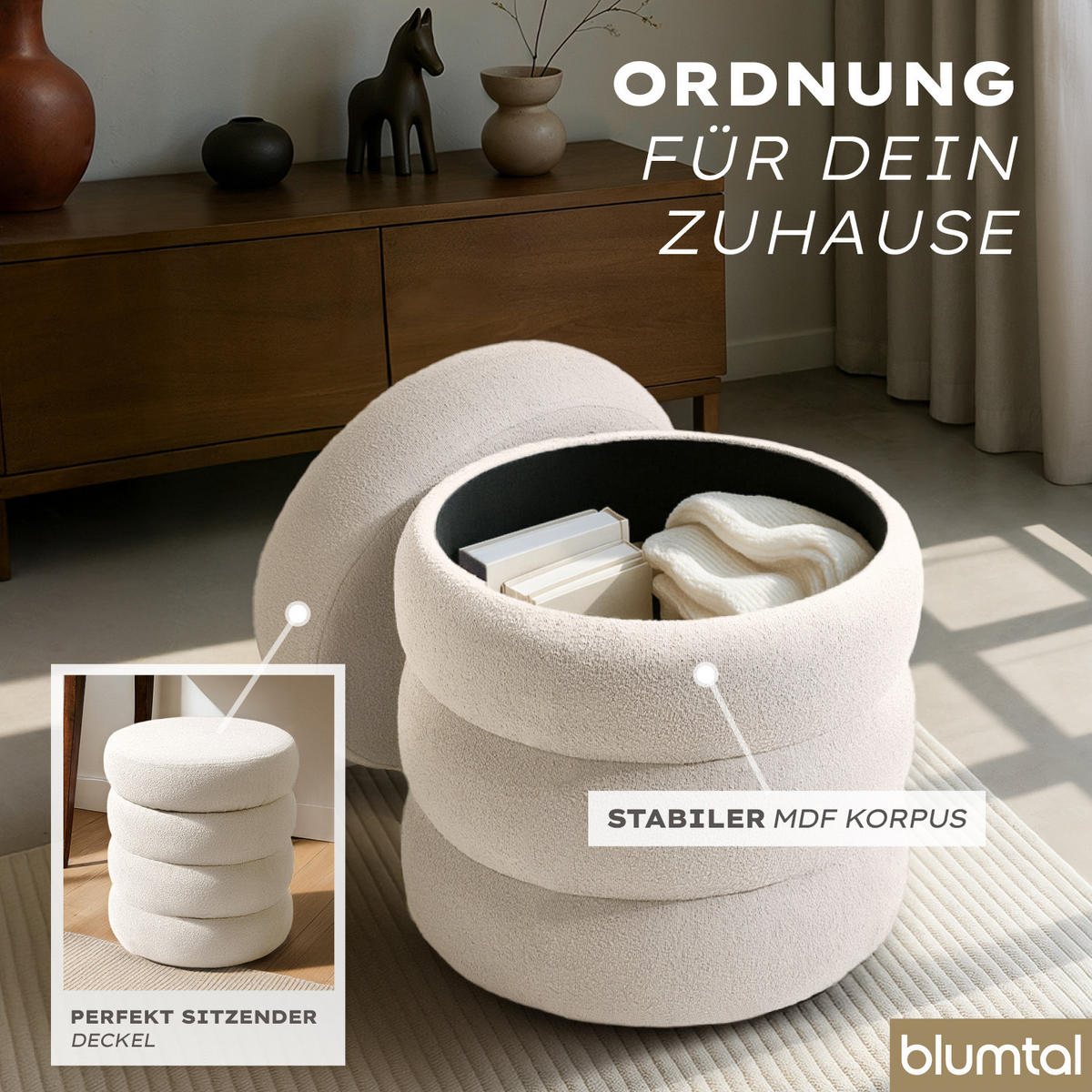SITZHOCKER mit Stauraum Rund – Bouclé Pouf Creme (42x42x47 cm) - Beige, Textil (42/47/42cm) - Blumtal