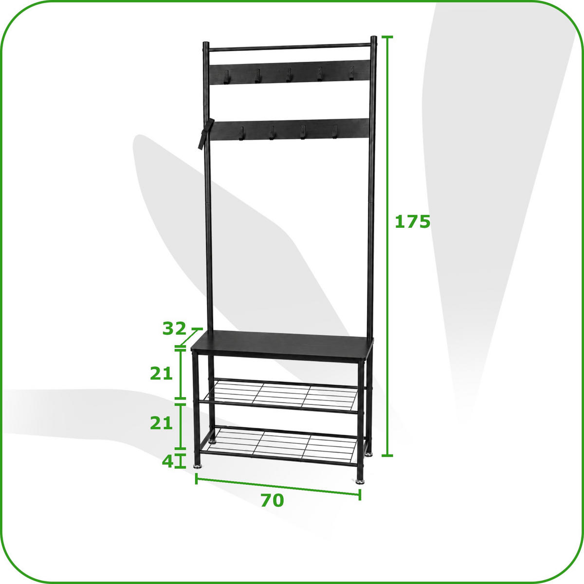 KLEIDERSTÄNDER MDF Metall Schwarz mit Sitzbank Haken und Schuhablagen 70x32x175 cm - Schwarz, Holzwerkstoff/Metall (70/175/32cm) - Begryf