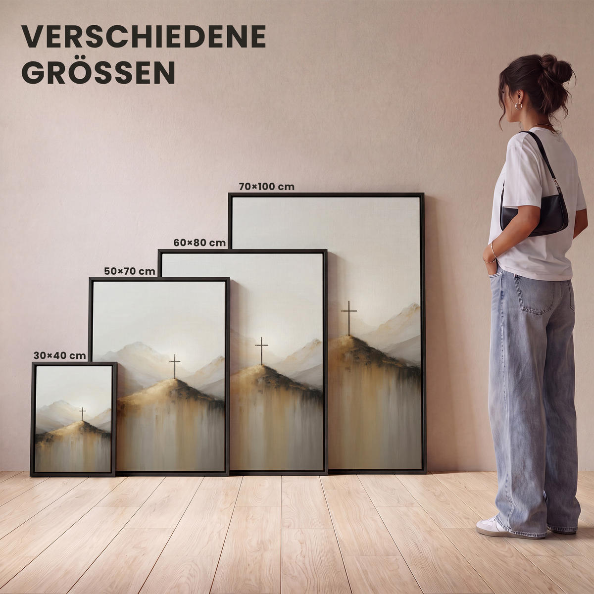 LEINWAND Bilder mit Rahmen - Hügel - Abstrakt - Kreuz - Christentum - 60x80 - Beige, Textil (60/80cm) - MuchoWow