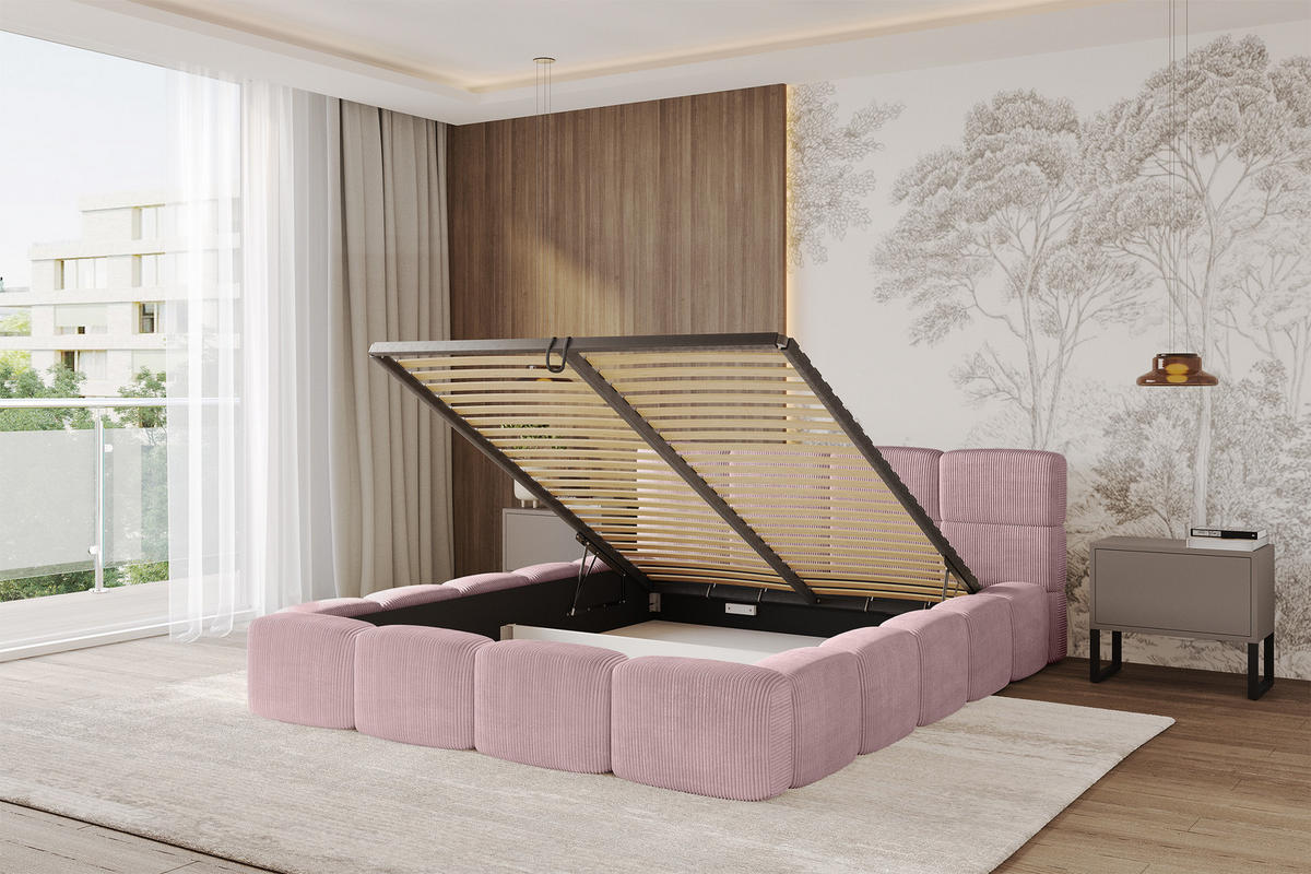 POLSTERBETT mit Bettkasten und Lattenrost, Bett mit Matratze H3/H4, Kopfteil, Boxbett, Doppelbett mit Stauraum - NATA-v1 200x200 Rosa - Rosa, Holzwerkstoff/Textil (200/200cm) - ALTDECOR