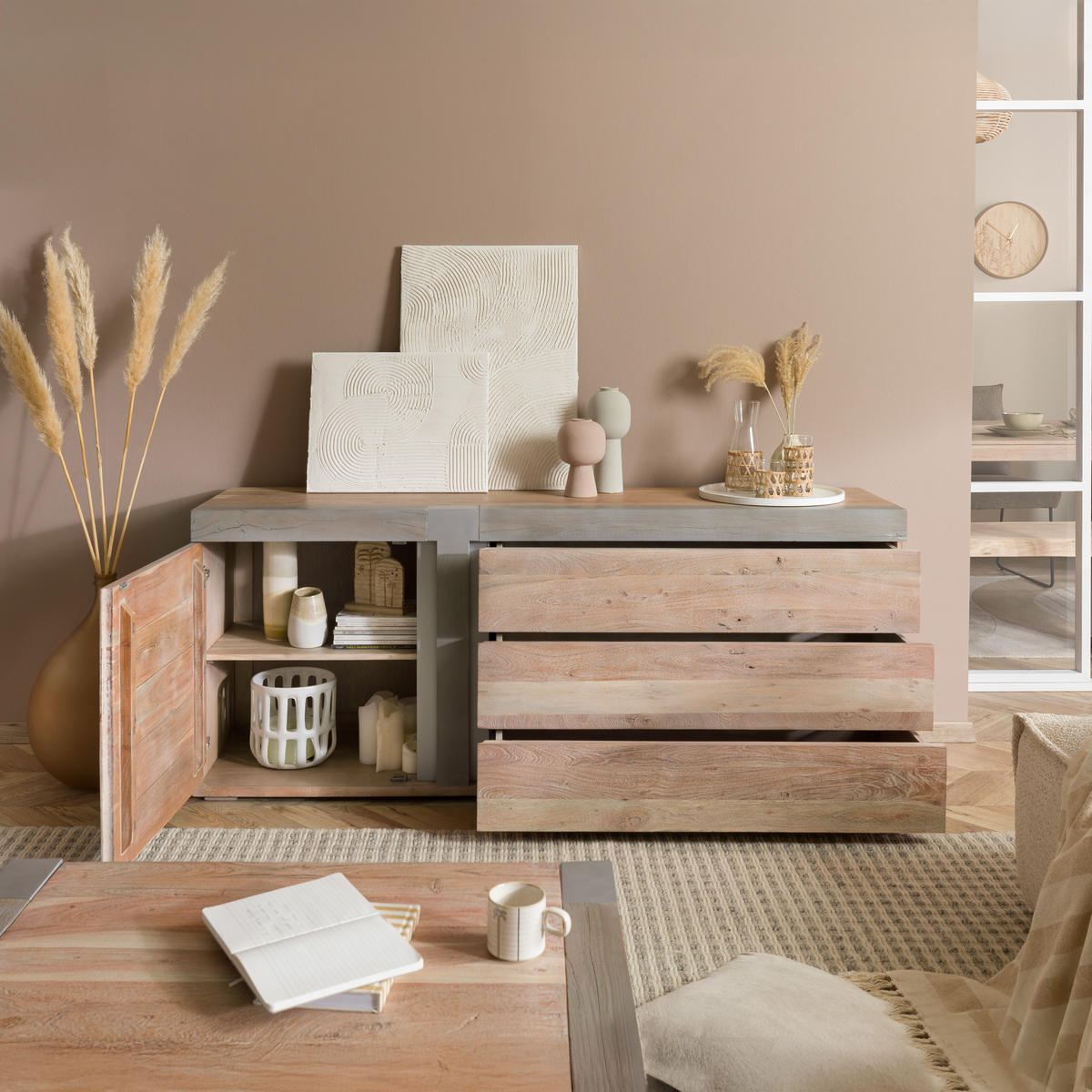 SIDEBOARD Akazie 180x45x75 beige lackiert Amsterdam #111 - Beige, Holz (180/75/45cm) - Massivmoebel24