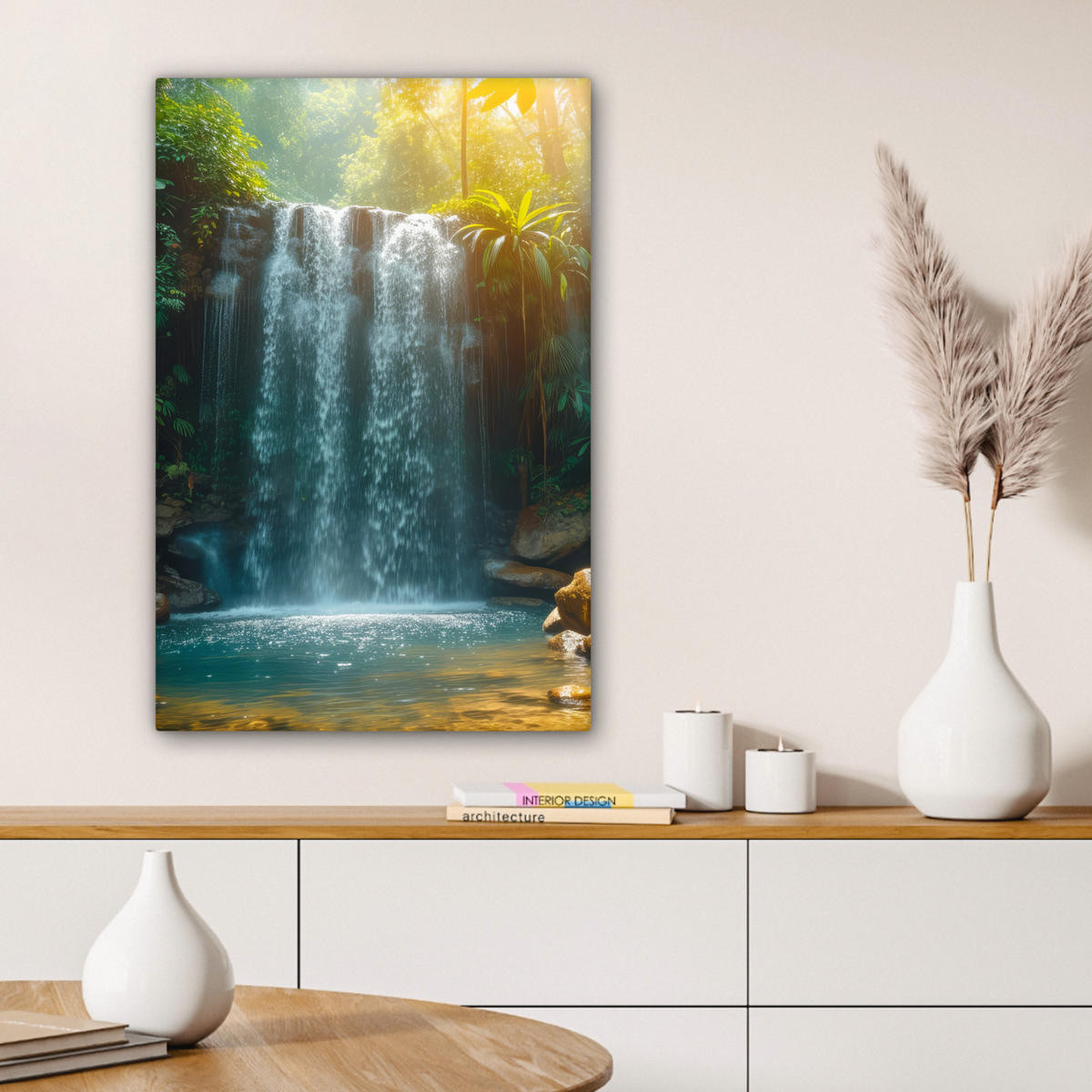 LEINWANDBILD Wasserfall - Dschungel - Sonne - Grün - Natur 60x90 cm - Grün, Textil (60/90cm) - MuchoWow
