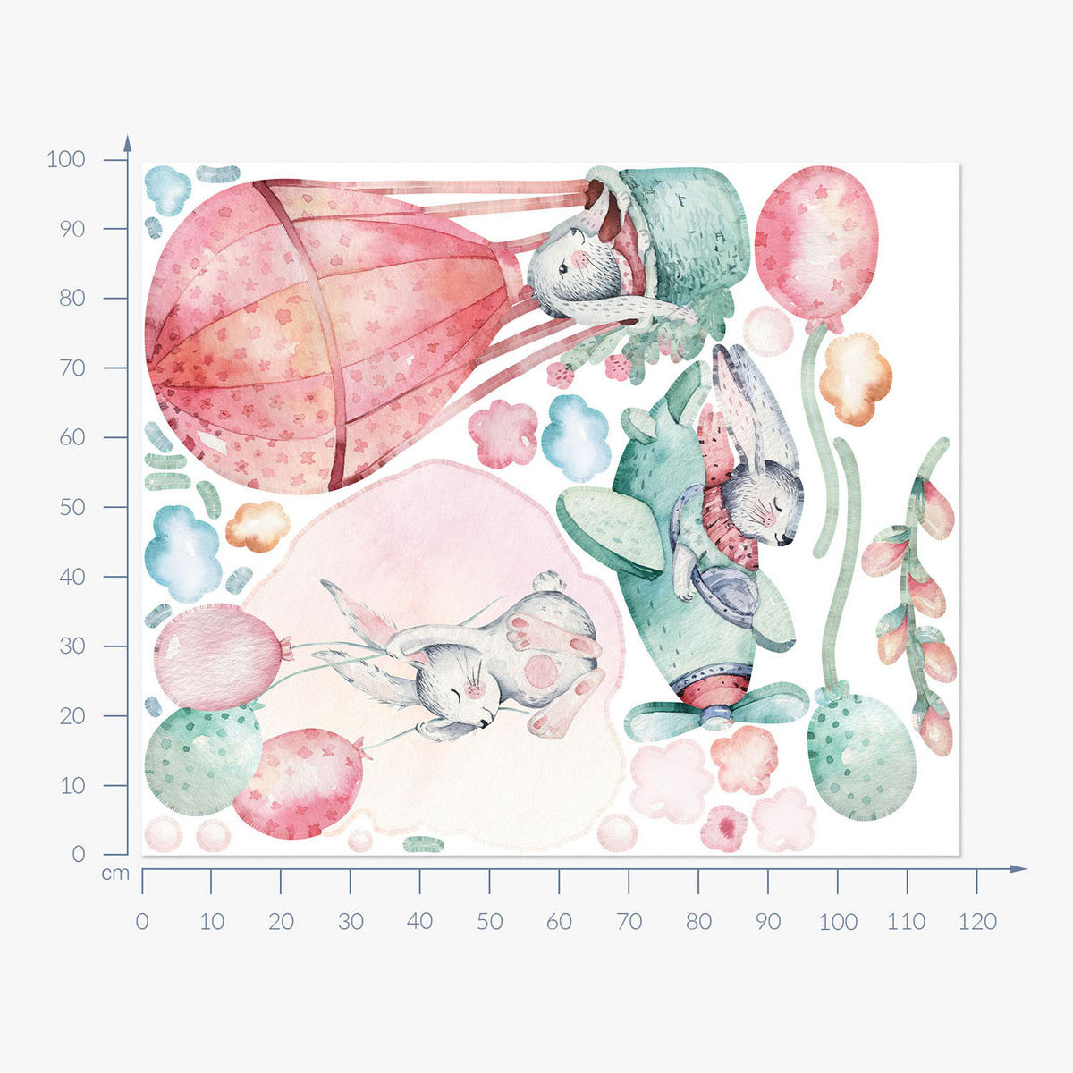 WANDAUFKLEBER 100x118cm - Hasen am Himmel - Multicolor, Kunststoff (100/118/0.1cm) - Wallfluent