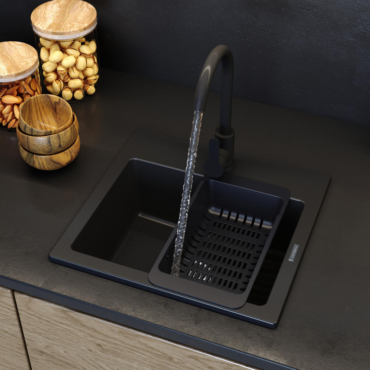 GRANITSPÜLE Teor mit Batterie Siphon - Schwarz, Kunststoff/Stein (42/17/46cm) - Granitan