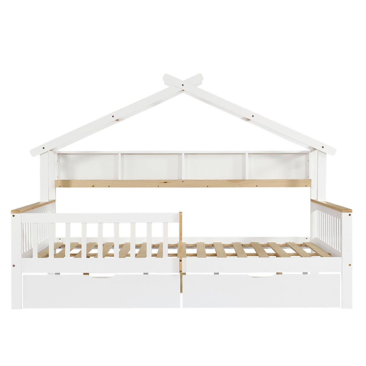 KINDERBETT 140/200 cm Weiß/Natur mit Dach, Fallschutz und 2 Schubladen - Weiß, Holz (140/200cm) - MIVRAY