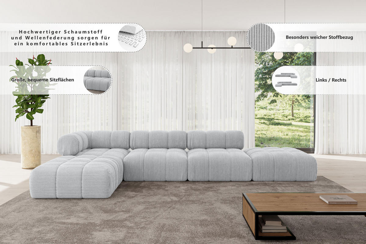 ECKSOFA modulares Sofa Kerru-L2 - 380x190x70 cm Apricot Velours - Koralle, Holzwerkstoff/Textil (380/190cm) - ALTDECOR