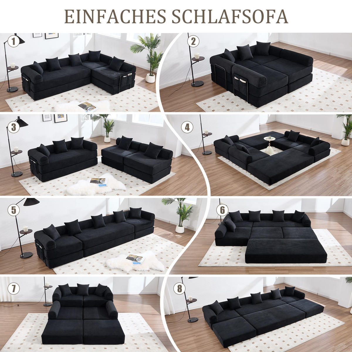 ECKSCHLAFSOFA Modulsofa,Fünfsitzer mit Schlaffunktion,kombinierbar,Cord,Schwarz - Schwarz, Textil (270/180cm) - LVHOM
