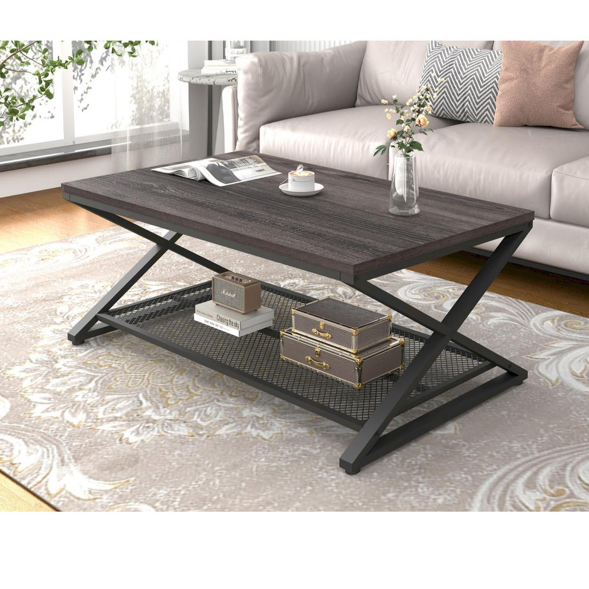 COUCHTISCH Holz Metall Industrial mit Ablage 120 x 60 x 45 cm - Dunkelgrau, Holzwerkstoff/Metall (60/120/45cm) - Quality Elegance