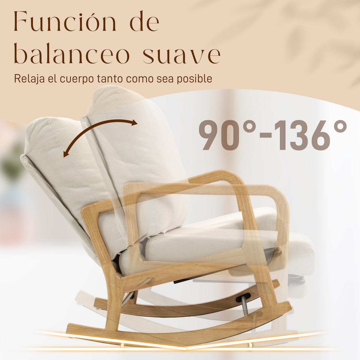 SCHAUKELSTUHL nordisch Fußstütze verstellbare Rückenlehne Holzbeine cremefarbenes Kissen - Creme, Textil (89/97.5/70cm) - Vallsero