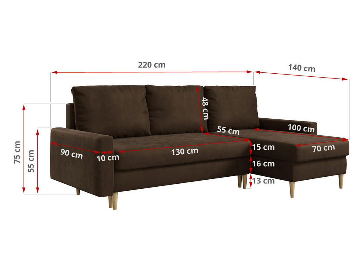 ECKSOFA Lang Velvet Braun - Braun, Holz/Textil (220/140cm) - MKS